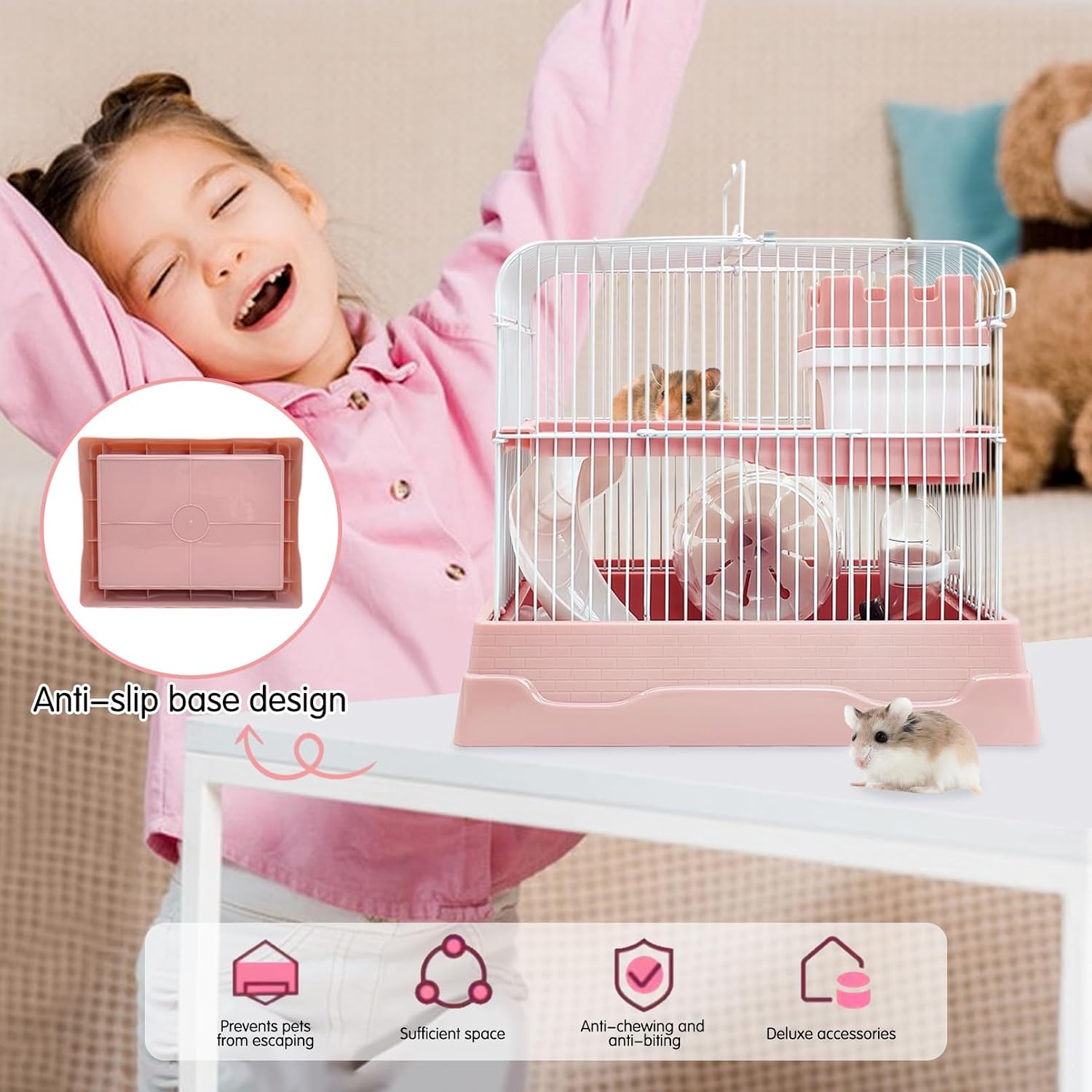 PINVNBY 2-Tier Dwarf Hamster Cage, Travel Portable Guinea Pig Cages Rat Cage and Habitats Small Animal Carrier with Castle House Running Exercise Wheels, Water Bottle and Food Dish (Pink - Image 4