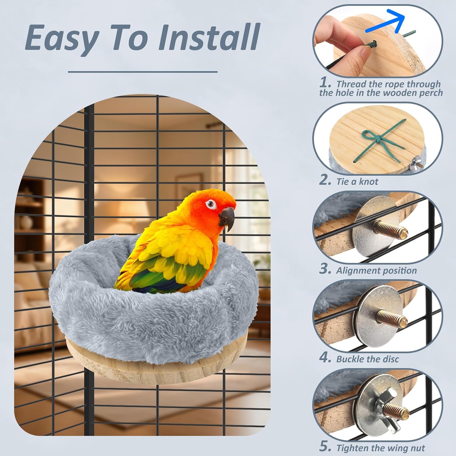DBNESS Medium Bird Nest for Cage, Removable Plush Parrot Hammock Warm Resting Perch Platform for Budgies Cockatiel Conure Parakeet Hamster Washable Breeding Sleeping Lay Eggs Nesting (Grey, M) - Image 3