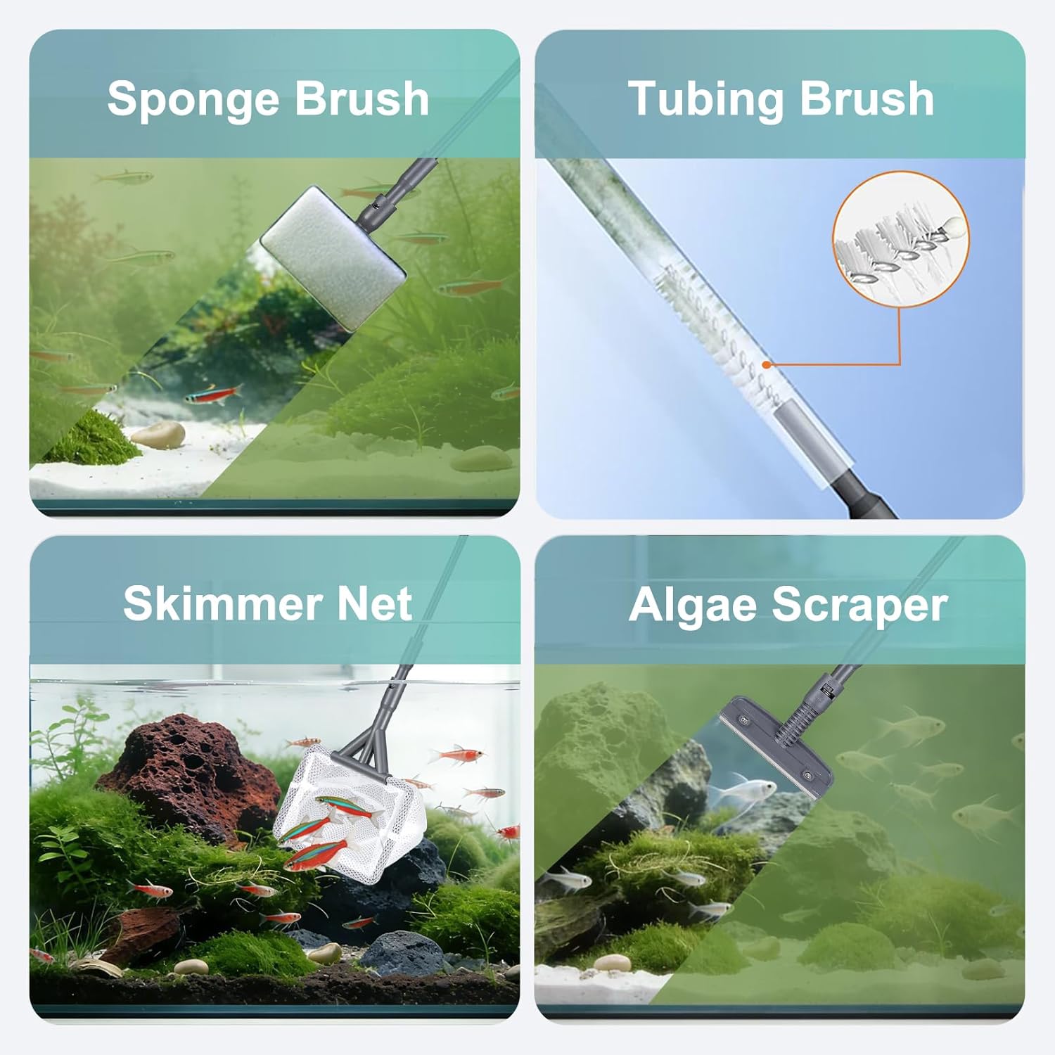 Carefree Fish 4IN1 Aquarium Cleaning Tools Long Handle Adjustable Length 18~24Inch Fish Tank Cleaner Kit Algae Scraper Scrubber Brushes Set - Image 3