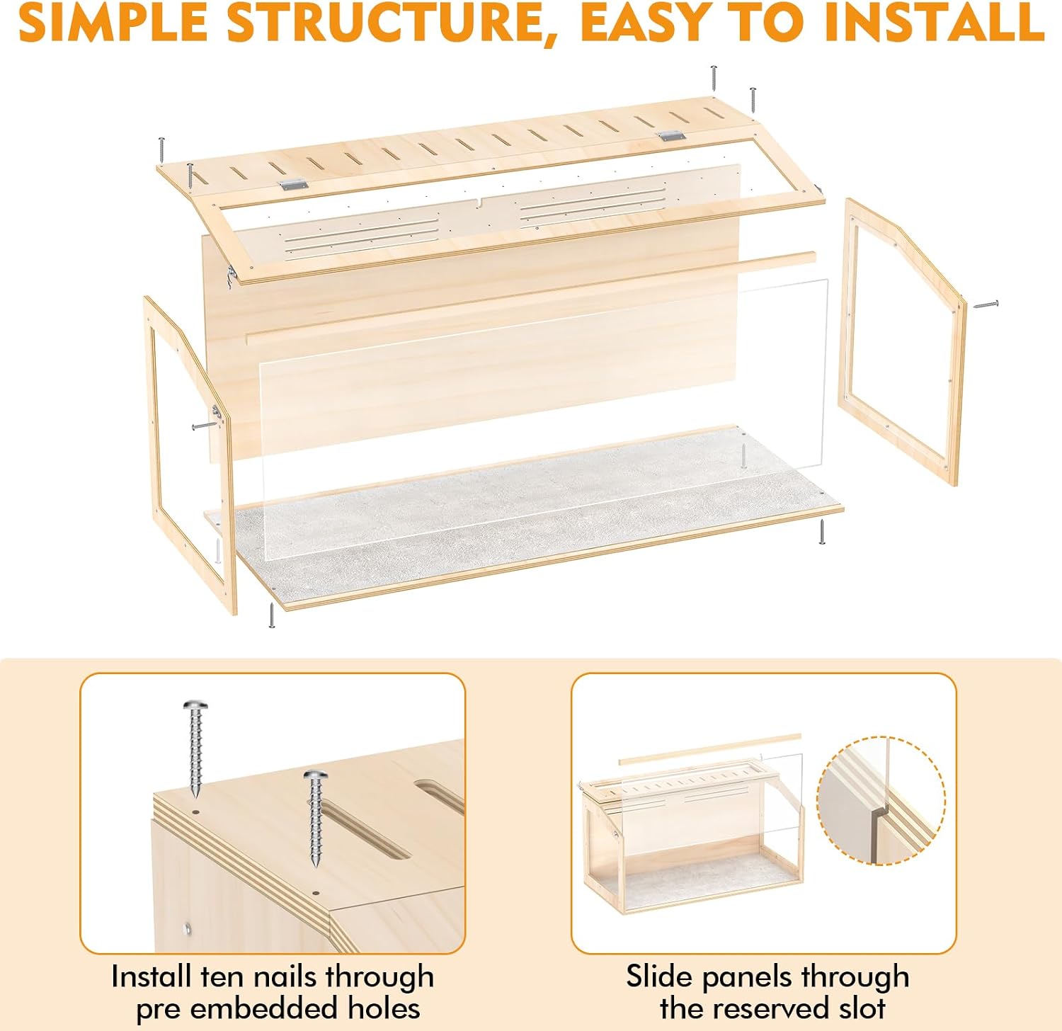 XiaZ Hamster Cage,48Inch Large Hamster Tank with Panoramic View and Ventilated Top, Spacious Acrylic Glass Habitat for Syrian Dwarf Hamsters and Degus, Natural Wood Frame Enclosure - Image 4