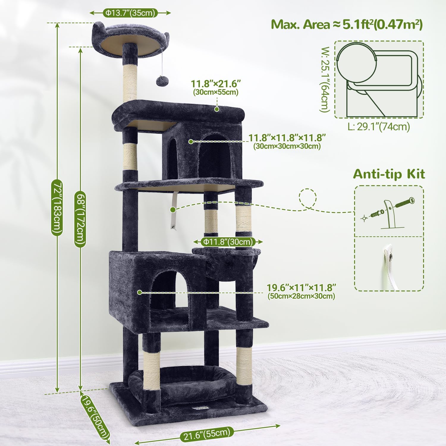 Globlazer Heavy Duty Cat Trees for Large Cats, Sturdy 72in Maine Coon Cat Tree for Large Cats 20 lbs+ Heavy Duty Cat Tower for Adult Biggest Cat with 6 Scratching Posts, Hammock, S72, Dark Gray - Image 6