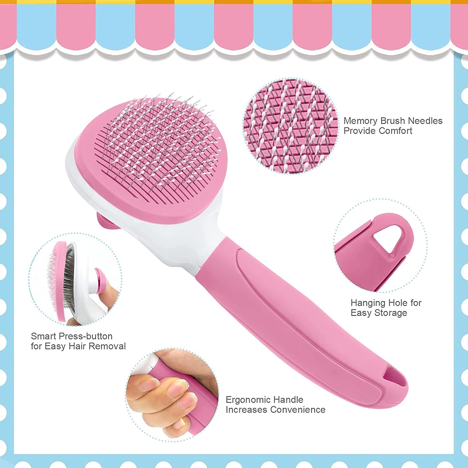 Cat Brushes for Indoor Cats, Dog Brush for Shedding with Metal Cat Comb, Self Cleaning Pet Hair Brush with Release Button for Grooming Kitten(Pink) - Image 3