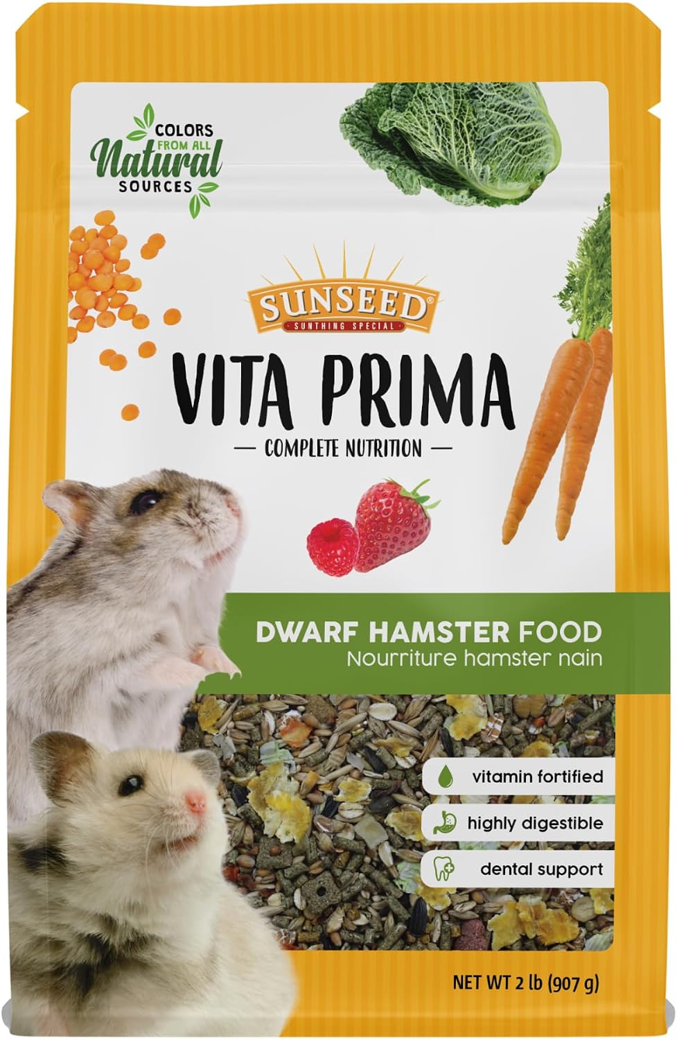Sunseed Vitakraft Vita Prima Dwarf Hamster Food 2 lb Bag with Fruits Vegetables Grains and Seeds Providing Wholesome Daily Nutrition and Foraging Variety for Happy Healthy Small Pets