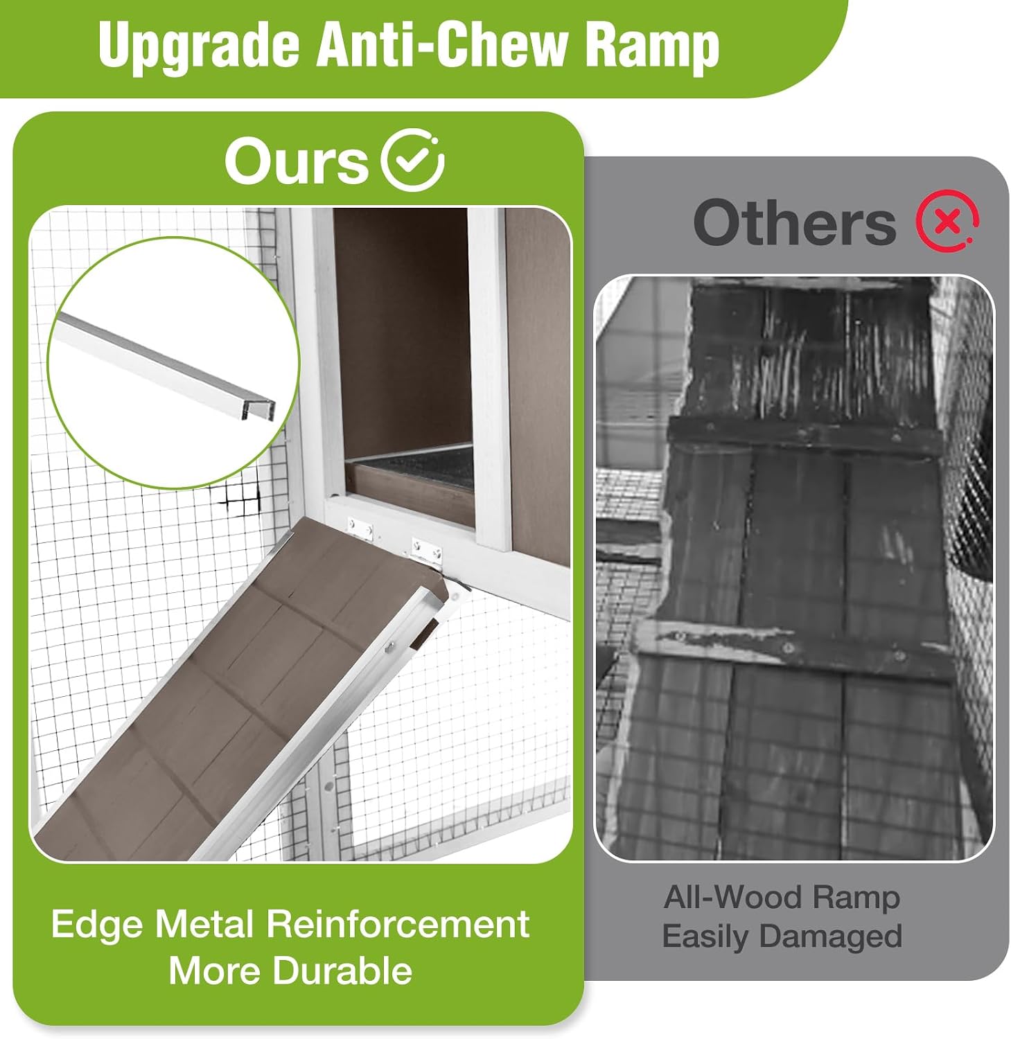 Rabbit Hutch Indoor or Outdoor, Wooden Bunny Cage with Chew-Proof Ramp, Mobile Rabbit House with Wheels, Guinea Pig Cages with Leakproof Tray and Waterproof Roof (Brown) - Image 2