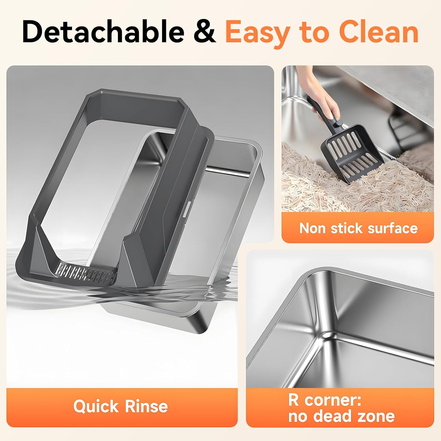 Stainless Steel Litter Box with High Sides, XL High Sided Cat Litter Pan, Open Top Extra Large Metal Cat Litter Box, Non-Stick, Odor Free, Leakproof, Scoop Included, Gray - Image 7
