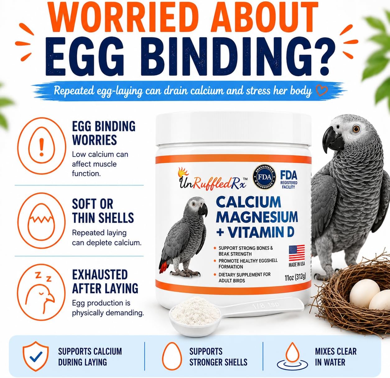 UnRuffledRx™ Bird Calcium Plus with Magnesium and D3, Dissolves Clear and Tasteless in Water, Supports Bone, Muscle, Feather and Egg Health, 45 Servings, Made in FDA-Registered USA Facility - Image 2