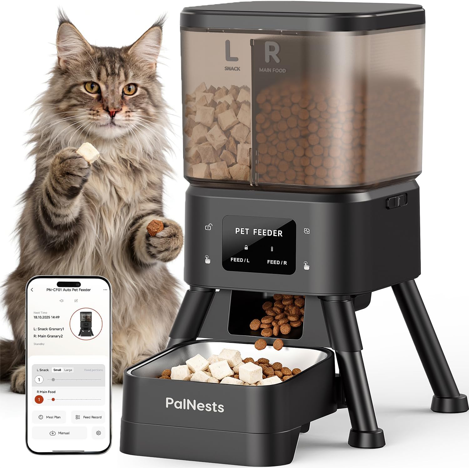 Dual Chamber Automatic Cat Feeder, Smart WiFi Pet Food Dispenser 4L with 2.4&5G WiFi App, Custom Schedule & Portion Control for Dry Food and Treats, Black