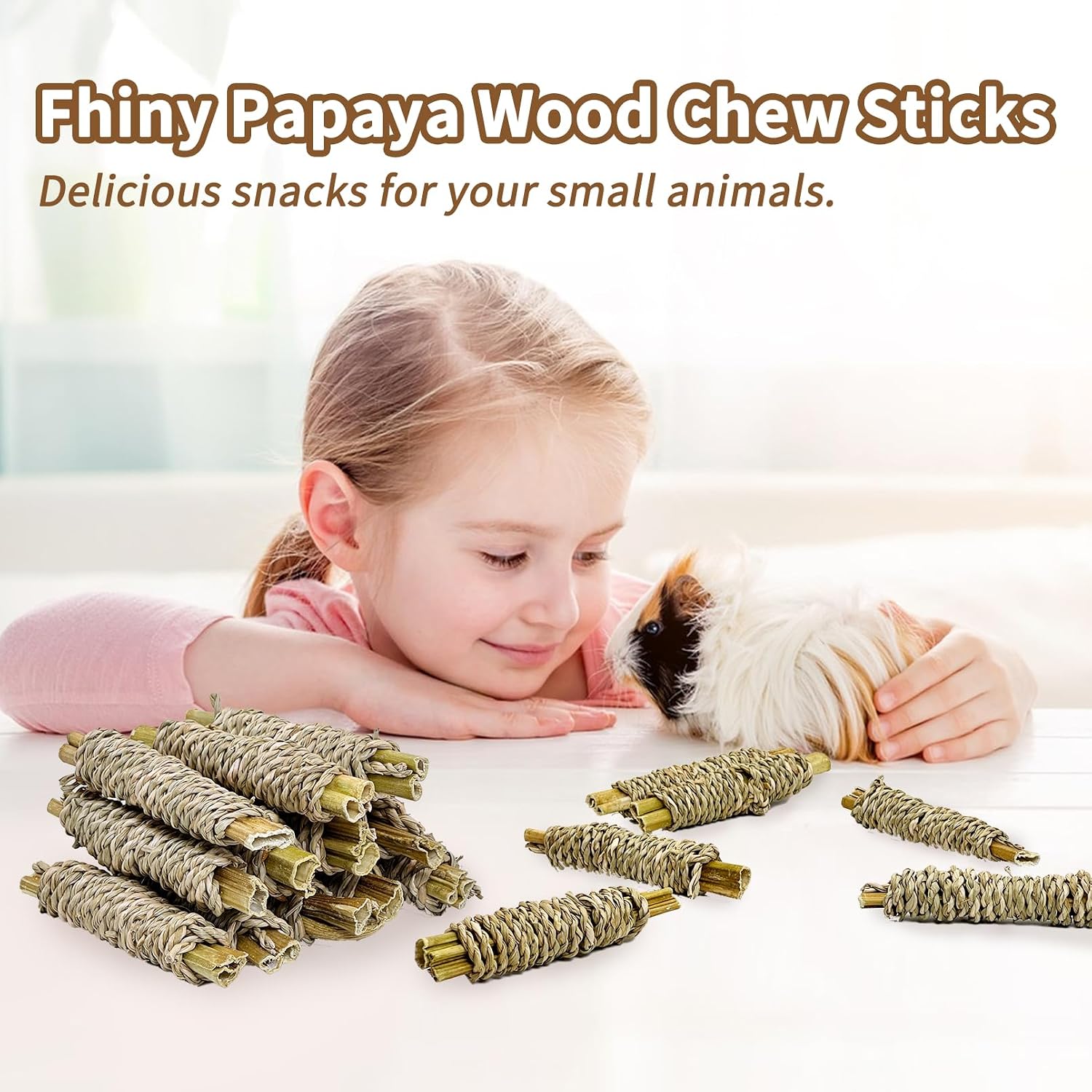 Fhiny 12 PCS Rabbit Chew Sticks, Natural Papaya Wood Seagrass Guinea Pig Chew Toys for Teeth Small Animal Molar Sticks Snacks for Bunny Guinea Pig Chinchilla Ferret Hamster Gerbil Dental Care - Image 4