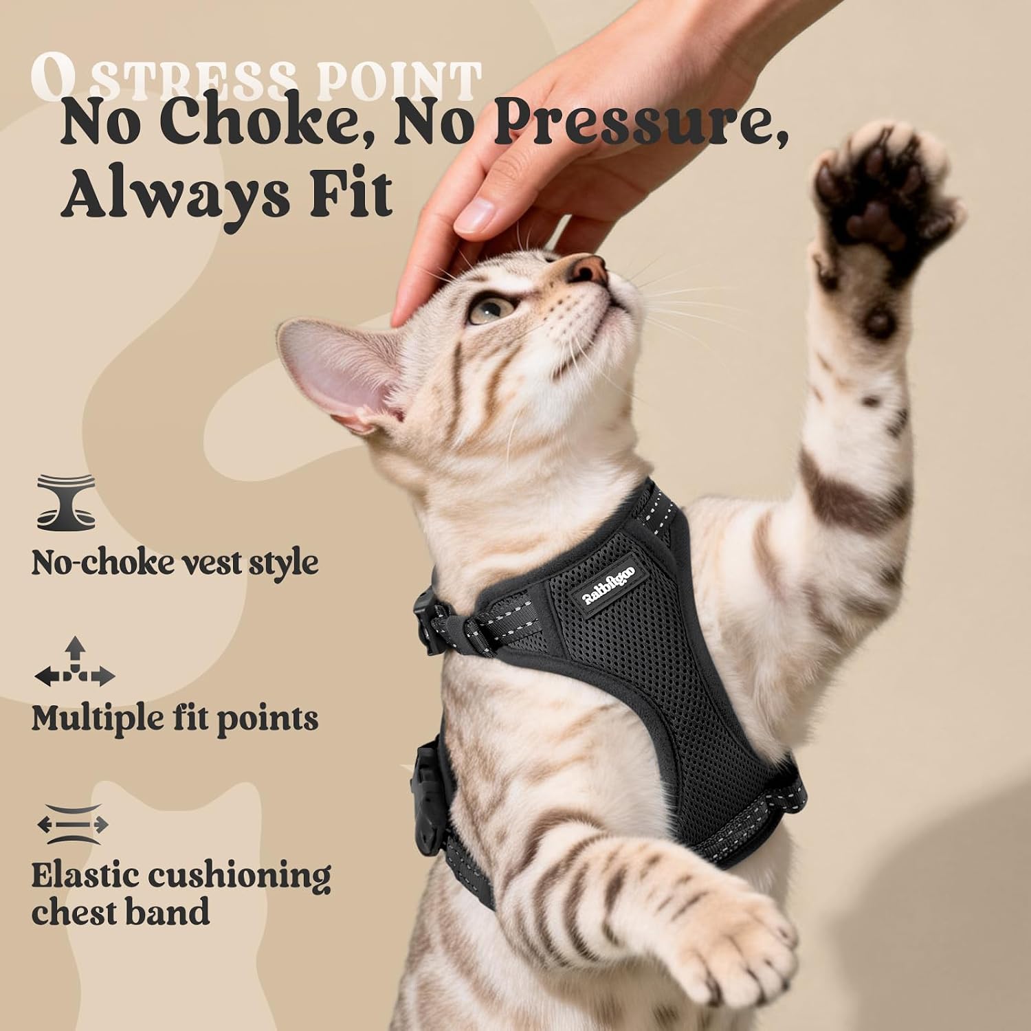 rabbitgoo Cat Harness and Leash, Easy-on with Neck Buckle, Black | Escape Proof, No Over-the-head, Soft Air Mesh, 3 Lockable Adjusters & Buckles, Reflective, for Medium to Large Cats Walks, M - Image 8