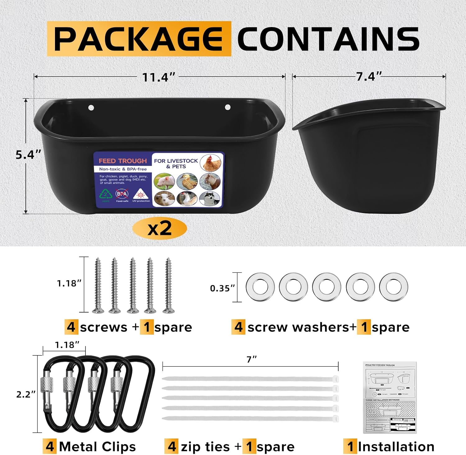 Goovilla Chicken Feeder Waterer, Hanging or Screw-in Fence Feeders with Clips, 2 Pack 5 Quart Goat Feeding Supplies, Duck Piglet Sheeple Coop Dog Livestock Poultry Plastic Feeder Trough Bucket, Black - Image 4
