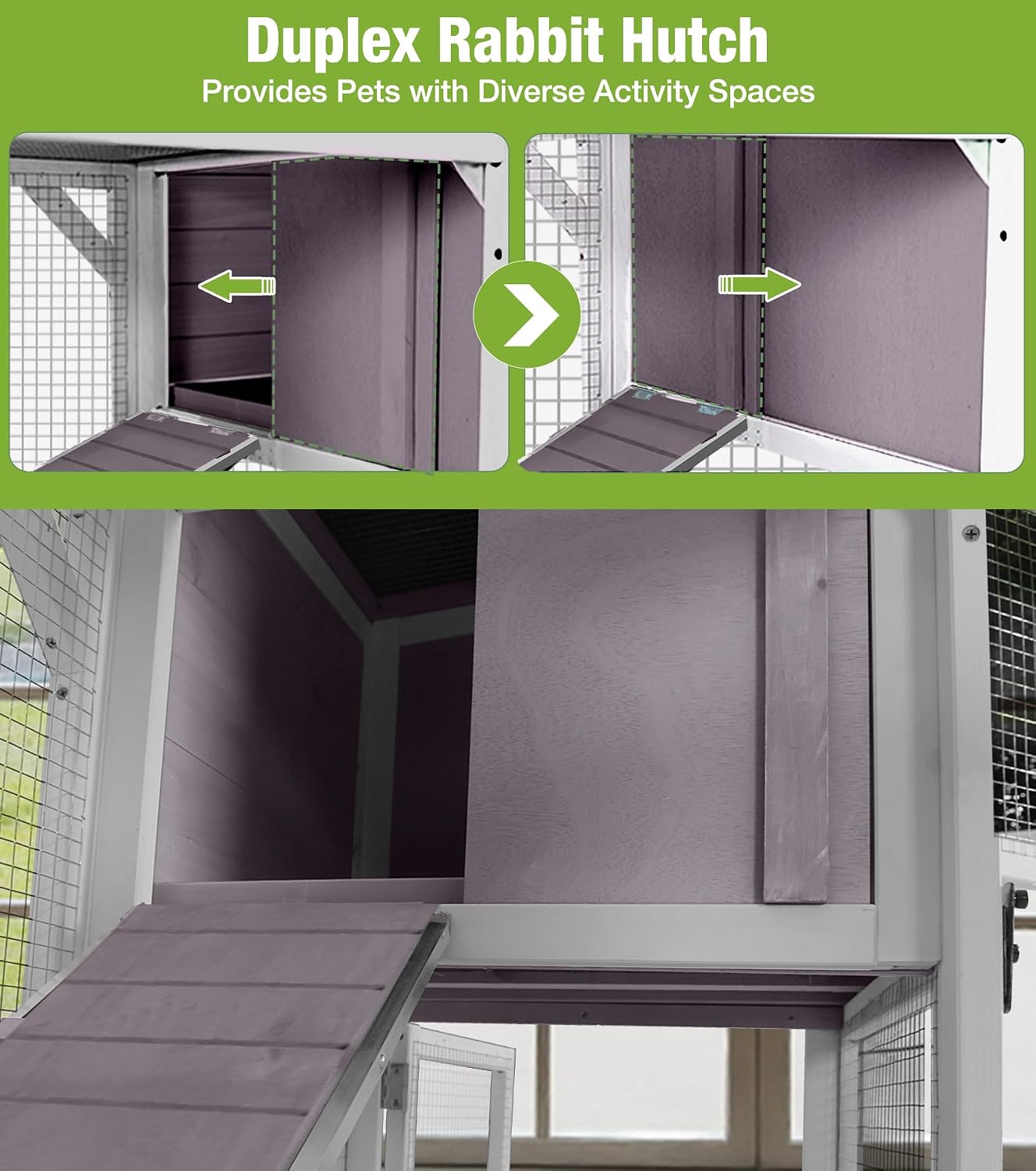 GUTINNEEN Duplex Rabbit Hutch Indoor with Chew-Proof Frame & 2 Leak-Proof Sliding Trays, Rain Cover, Wooden Guinea Pig Cages with Wheels - Grey - Image 5