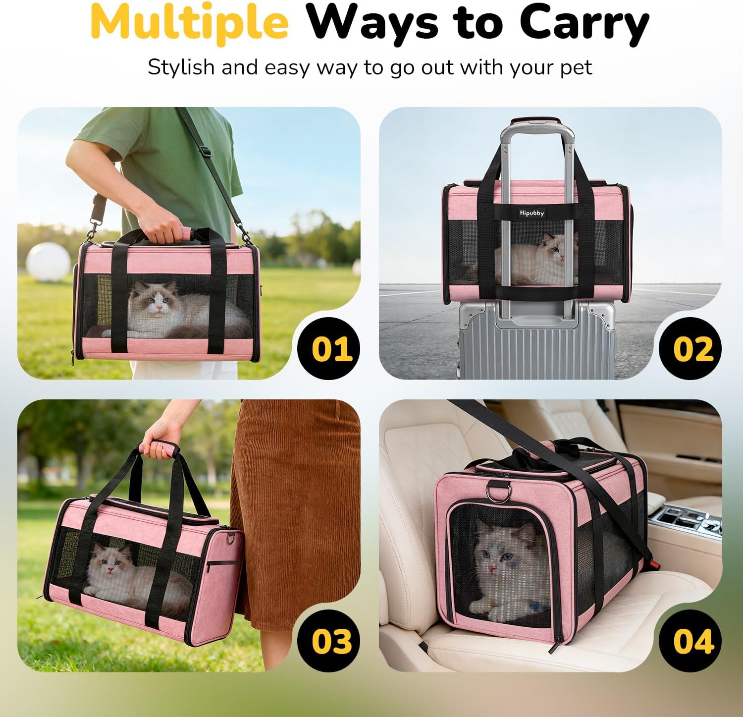 Hipubby Cat Carrier Dog Carrier for Pets Up to 16 Lbs, Soft-Sided Pet Travel Carrier for Cats and Small Dogs, Airline Approved Pet Carrying Case with Shoulder Strap & Removable Mat - Pink - Image 7