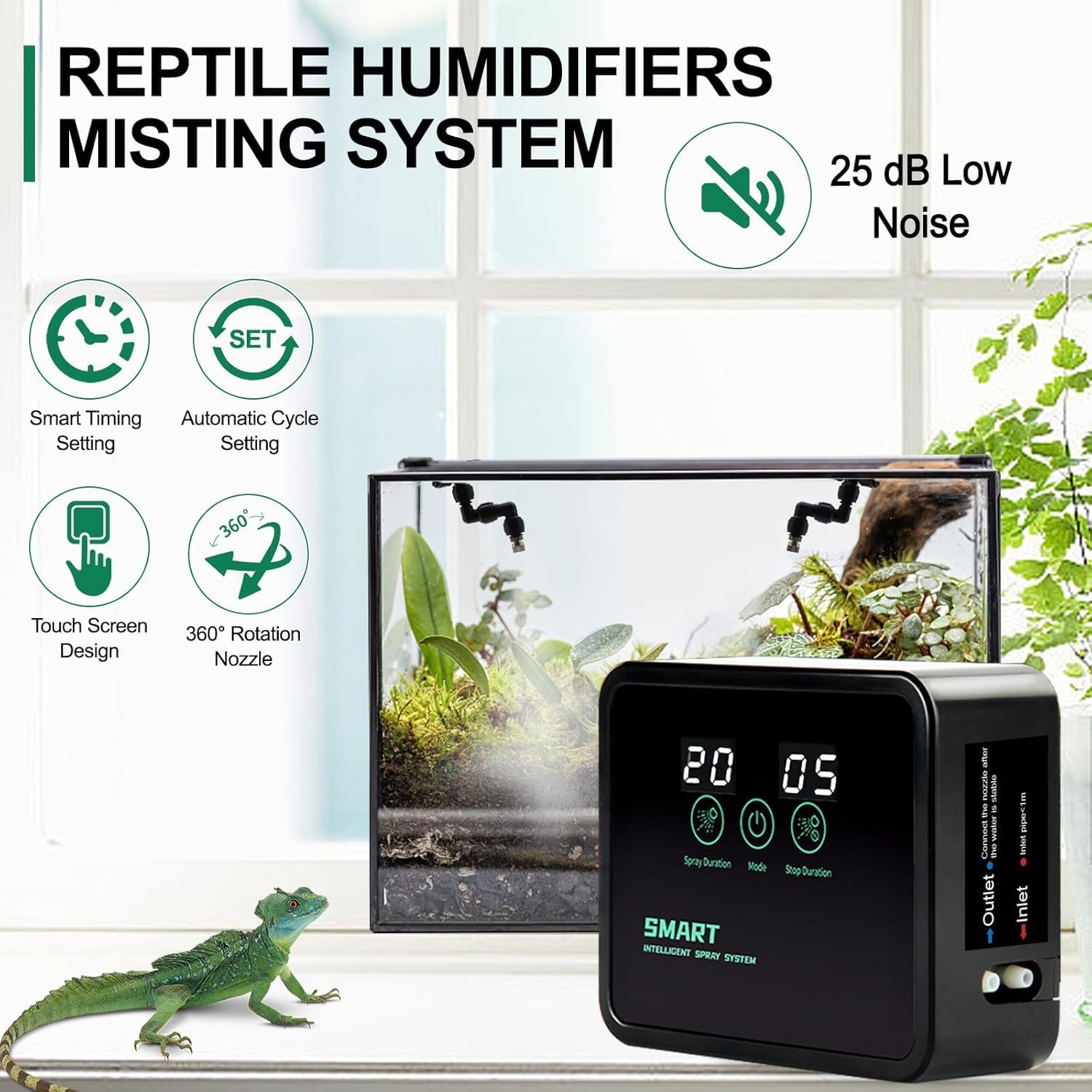 MECESOR Automatic Reptile Mister for Reptile Tank Smart Reptiles Mister System with Timer 360° Nozzles,Slient Terrarium Misting System Humidifier for Chameleons,Snakes,Frogs Smart Spray Control - Image 2