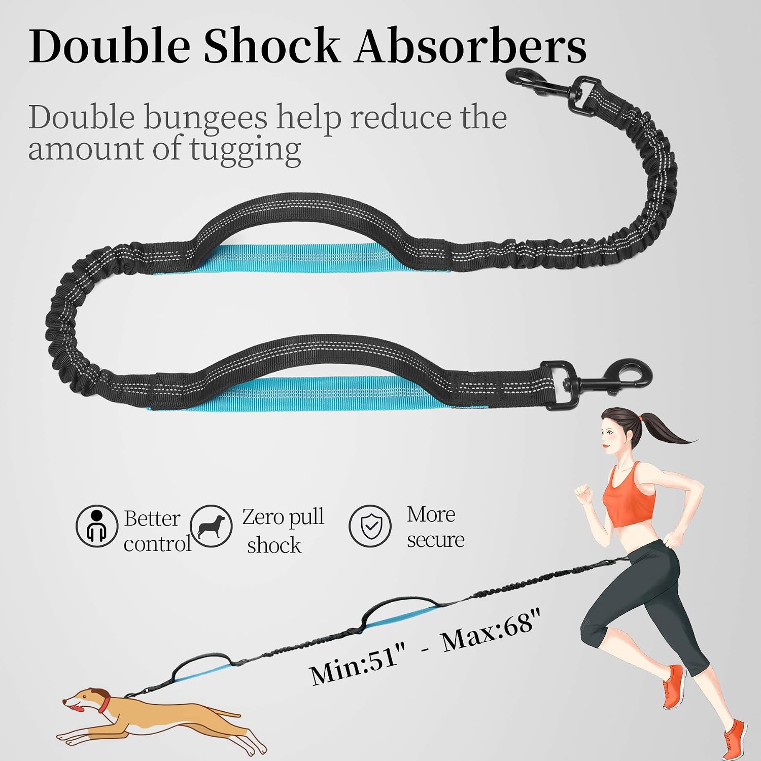iYoShop Hands Free Dog Leash with Zipper Pouch, Dual Padded Handles and Durable Bungee for Walking, Jogging and Running Your Dog (Large, 25-120 lbs, Black) - Image 5