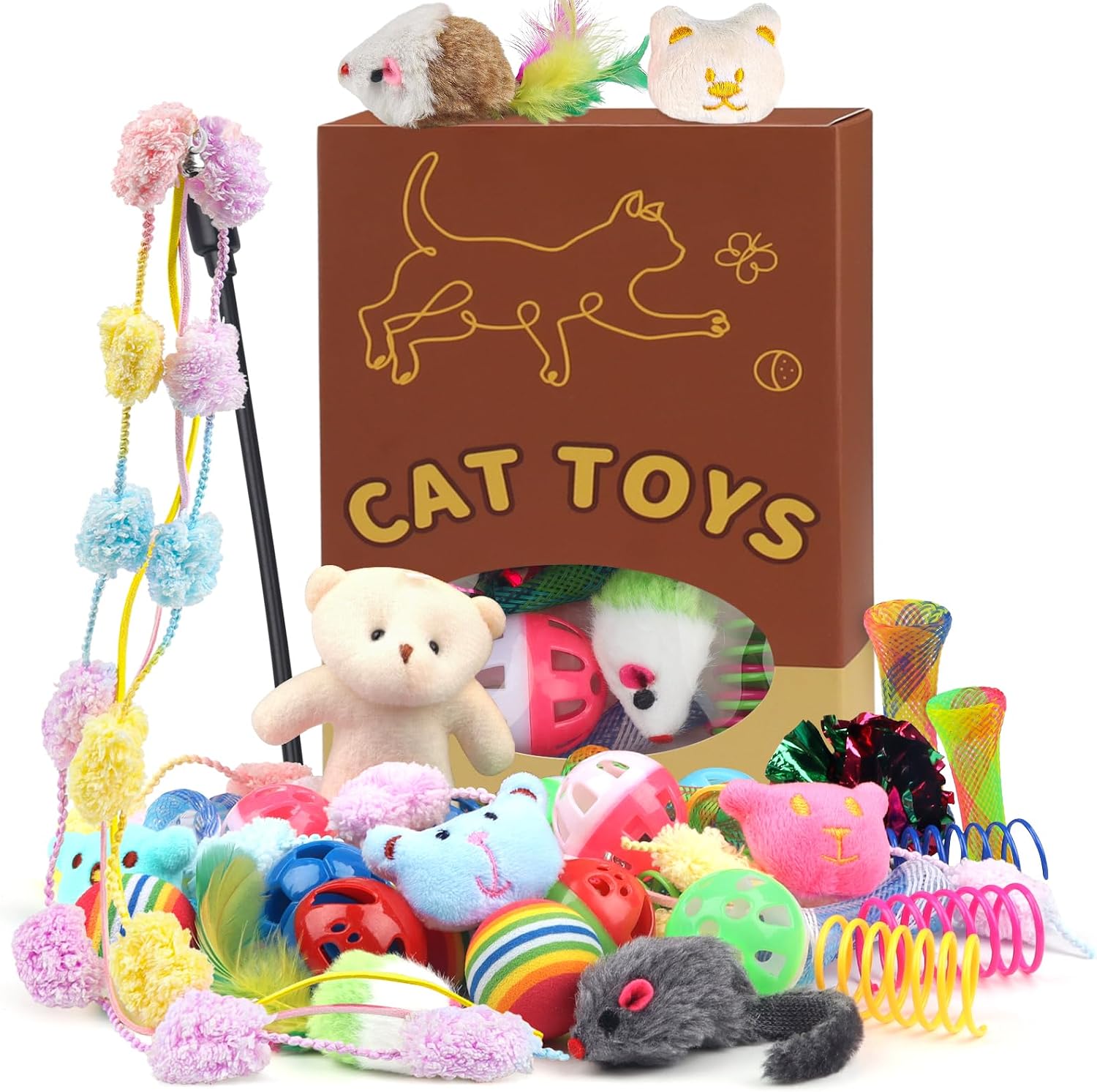 QUOZUO 30 Pcs Cat Toy Kitten Toys Set, Interactive Cat Toy Wand Cat Springs Ball Toy with Bells, Cat Toys for Bored Indoor Cats, Gift Box Styles