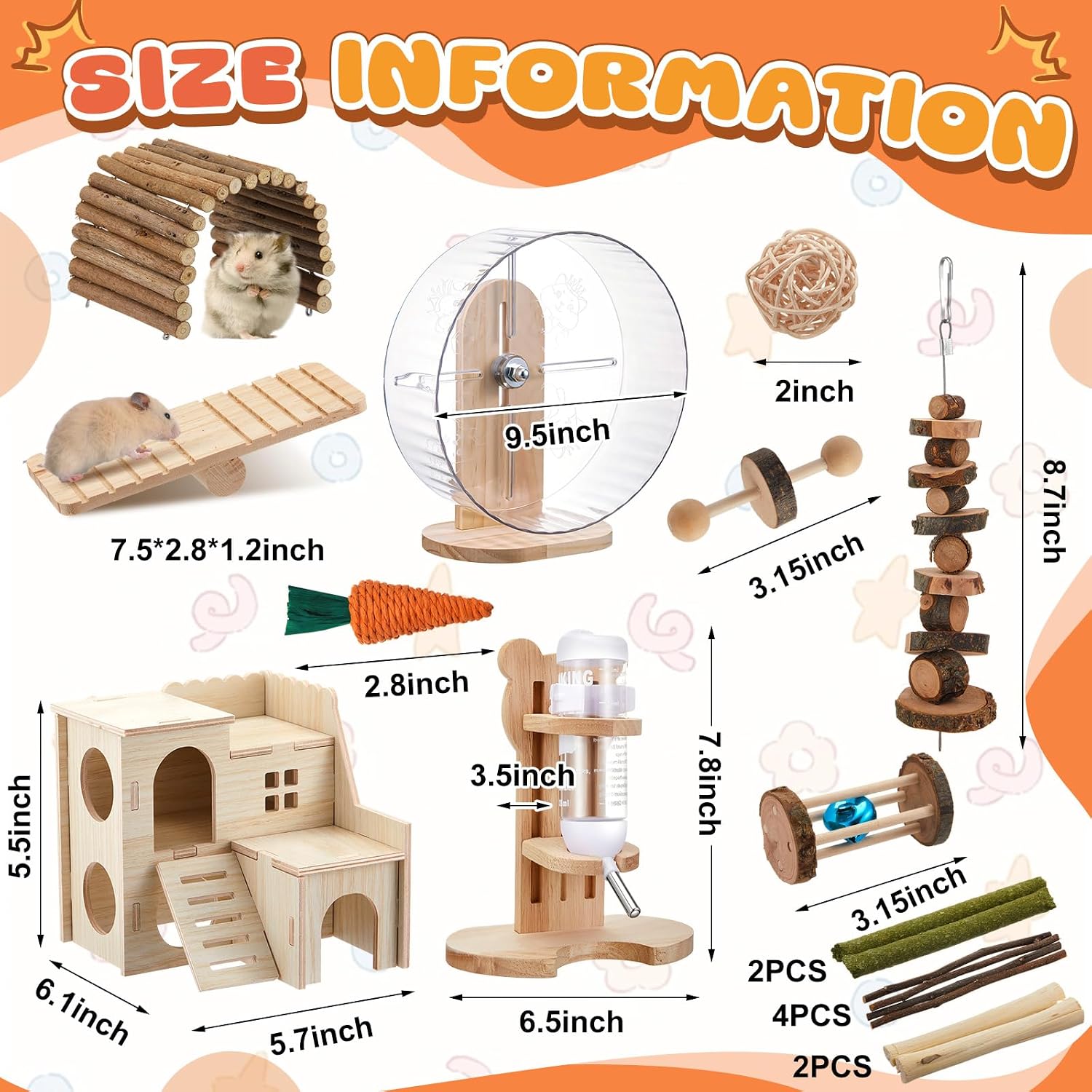 18 Pcs Hamster Cage Accessories, Silent Hamster Wheel, 15 Chew Toys Set, Maze Wood House and Water Bottle Set for Rat Mice Small Animals Habitat (Fun Interactive Style) - Image 2