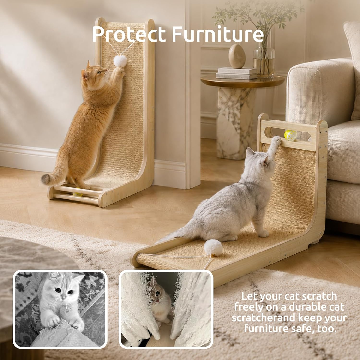 Sisal Cat Scratcher - 26.8" Large Wooden Cat Scratcher Pad with Bell Ball Plush Toy,L Shaped Scratching Post for Indoor Cats Adults,Vertical cat Scratcher Board to Protect Furniture - Image 6