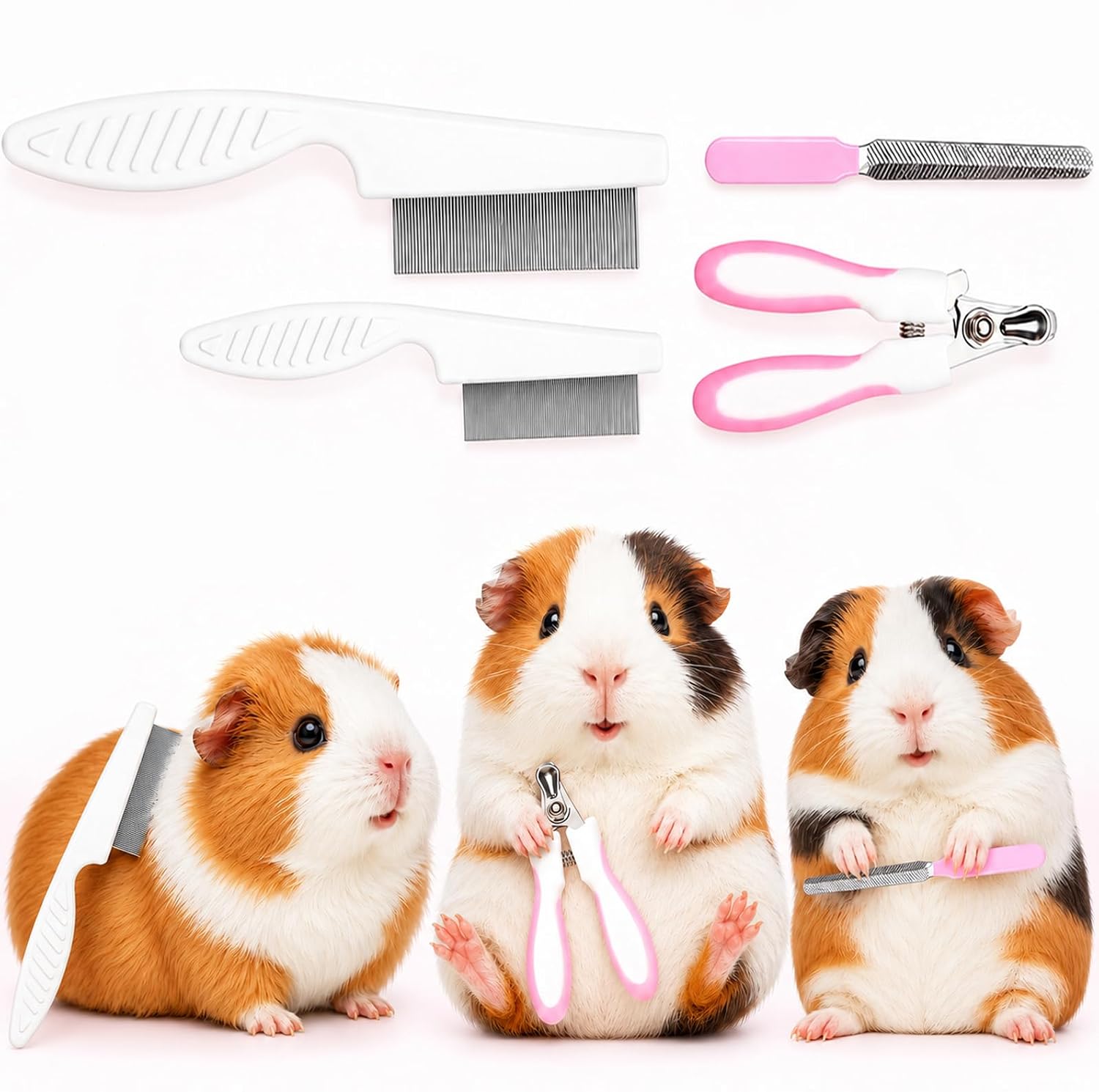 Guinea Pig Brush Kit Hamster Cleaning Grooming Comb with Nail Clipper Trimmer, Nail Files - Professional Small Animal Grooming Tool for Rabbit, Bunny, Puppy, Kitten, Ferret