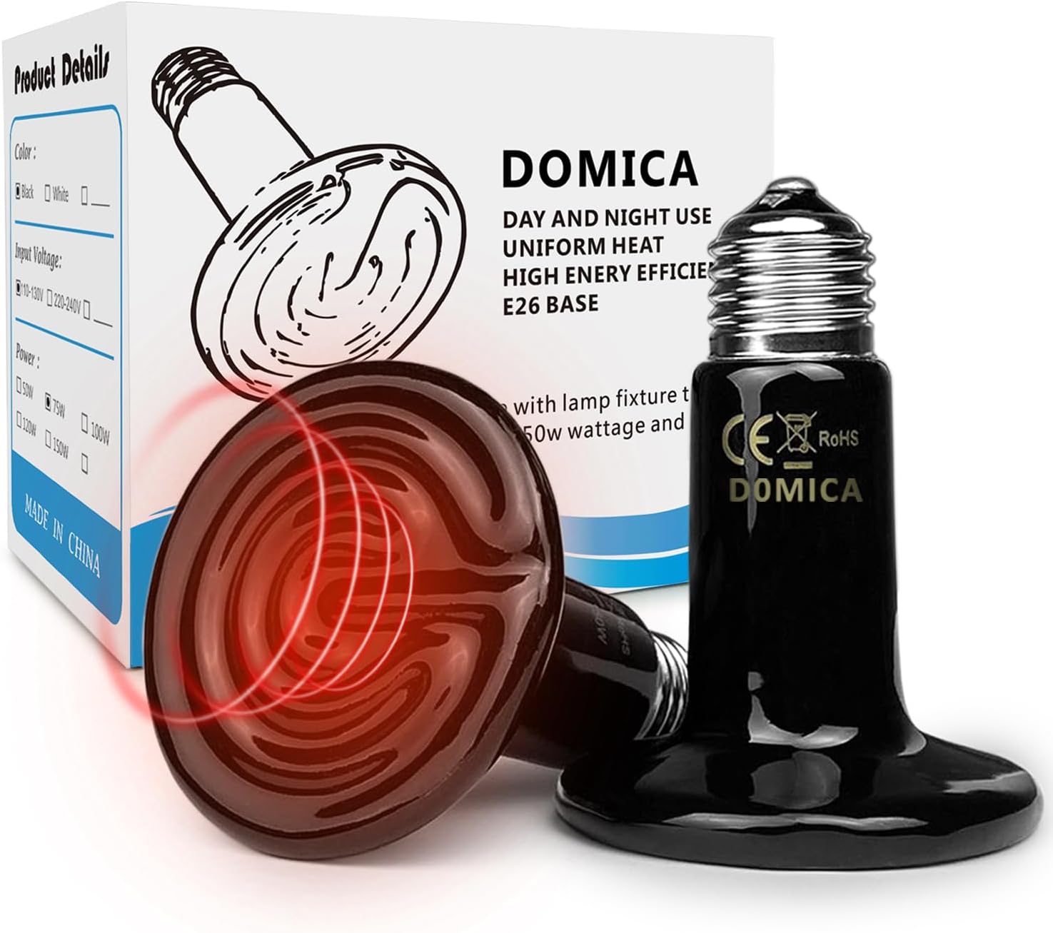 DOMICA 150W 2 Pack Reptile Heat Bulb, Beared Dragon Ceramic Heat Emitter, E26 No Light Night Use Heater Bulbs for Turtle, Lizard, Snake, Amphibians, Pet Brooder Coop Chicken (150W-Large Tank)