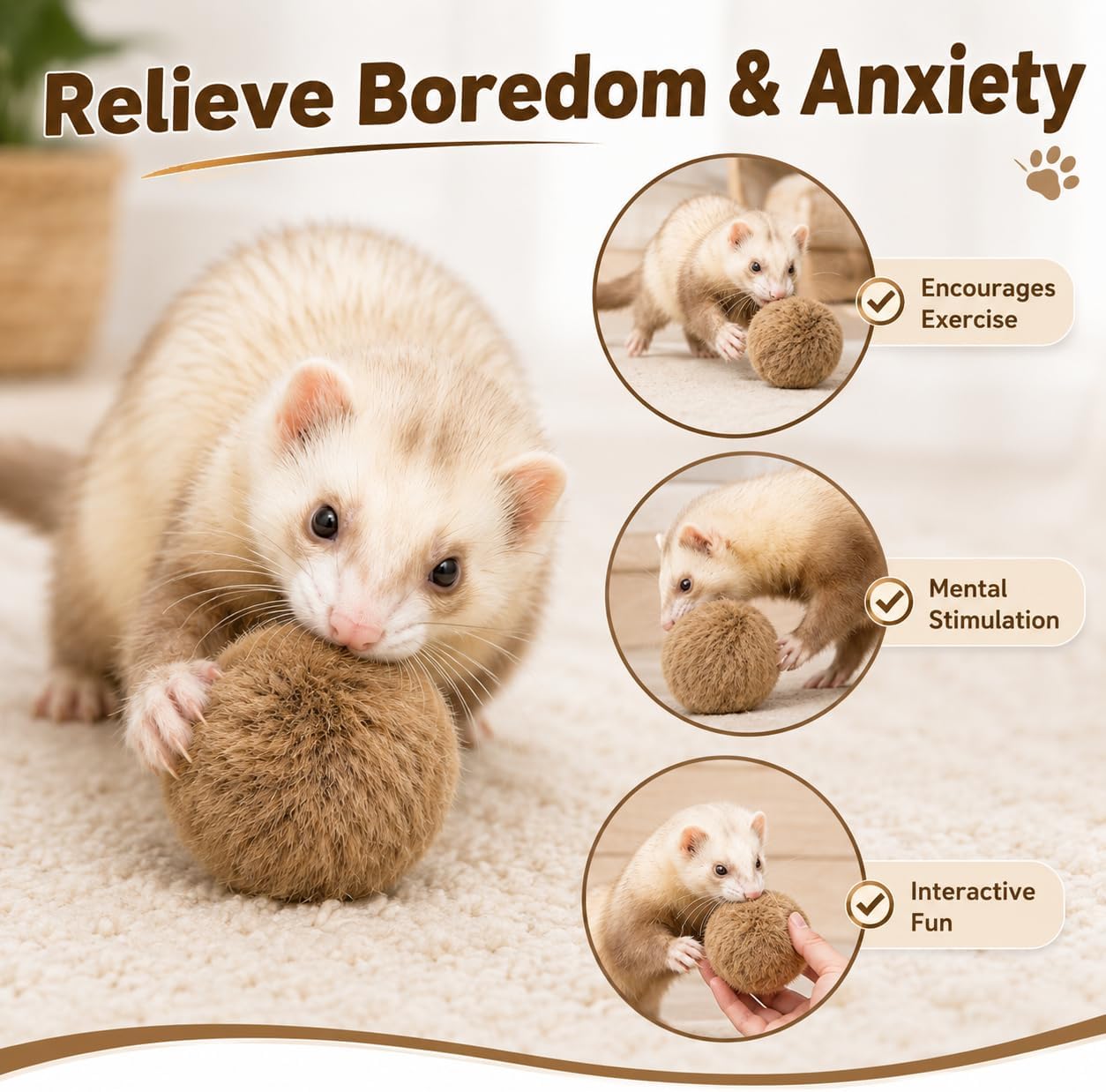 6PCS Furry Ferret Toy Ball, Soft Plush Small Pet Exercise Ball with Cotton Filling, Interactive Chew Toy for Ferrets, Rabbits, Hamsters, Cat, Relieve Boredom & Anxiety - Image 6