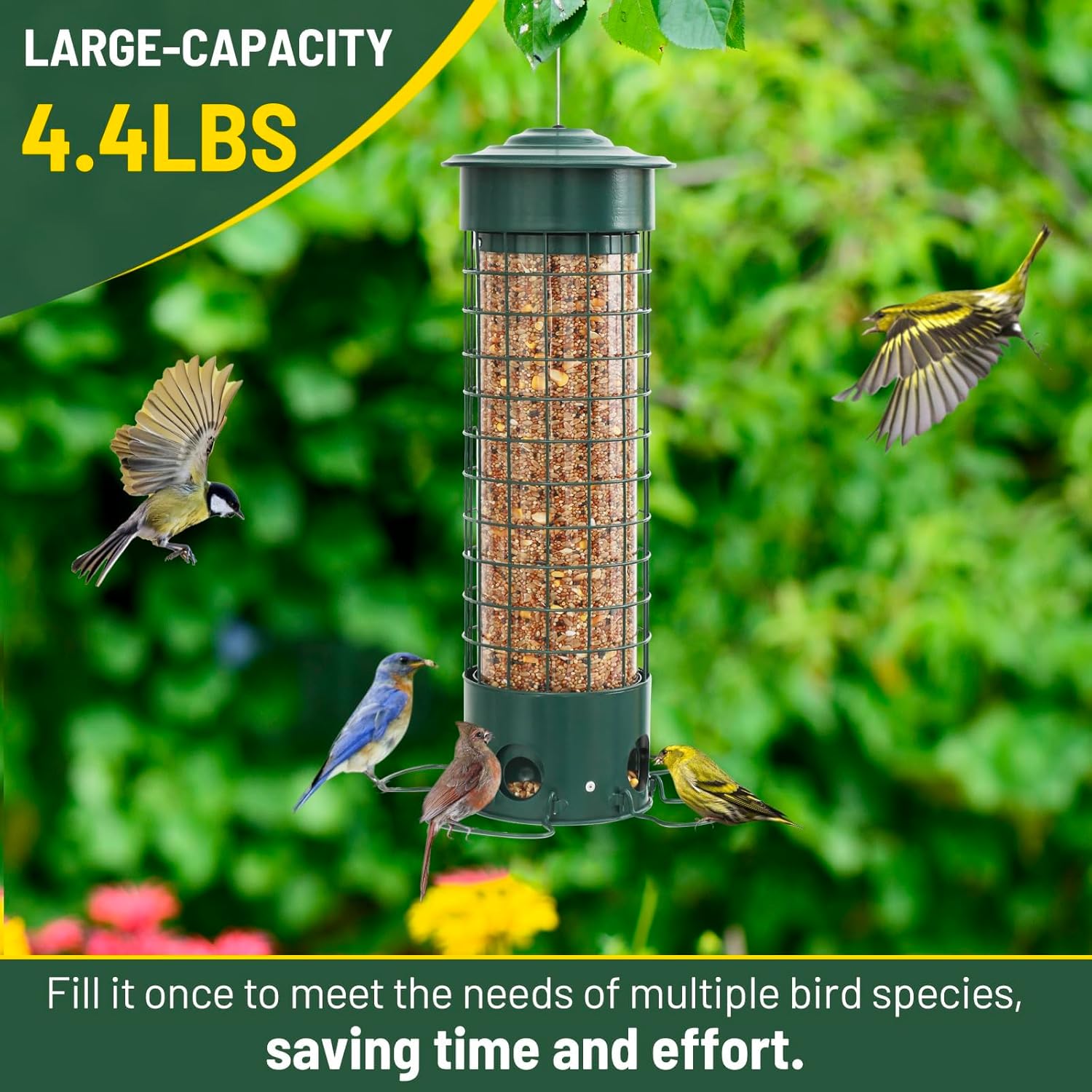 Squirrel Proof Bird Feeder, Weight Activated Outdoor Hanging Metal Bird Feeder, Bite Proof, Weatherproof, Durable, Suitable for Chickadees, Goldfinches, Cardinals, 4.4LB Large Capacity, Green - Image 2