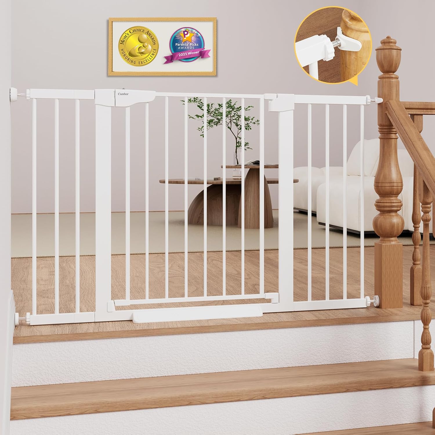 Cumbor 29.7–51.5" Extra Wide Baby Gate for Stairs, Pressure-Mounted Dog Gates for Doorways & Hallways, Auto-Close Walk-Through, No-Trip Design, Child Proof Safety, Dog/Pet Gate for Indoor Use, White