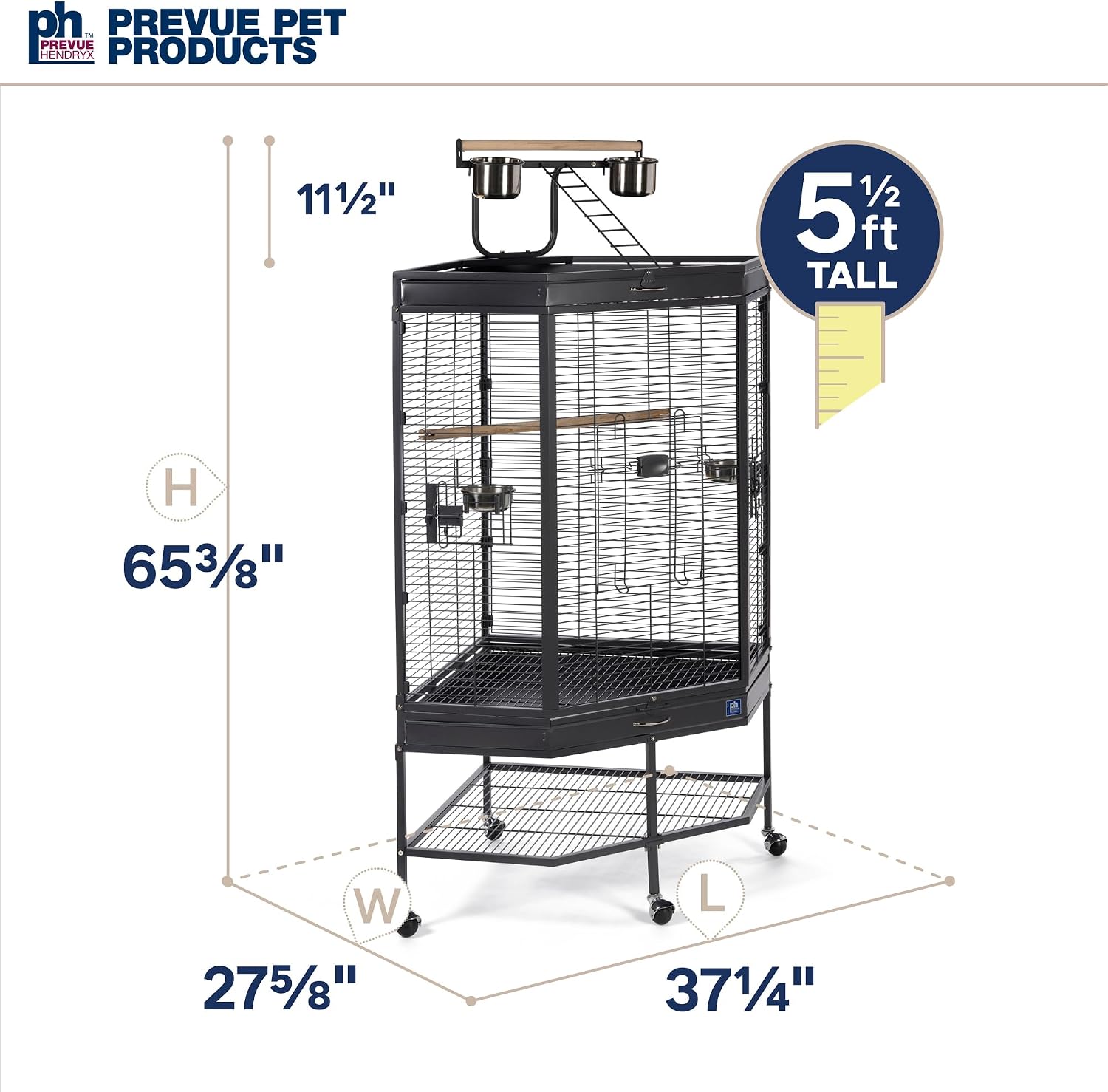 Prevue Pet Products Corner Bird Cage with Playtop - Large Cage with Rolling Stand, Comes with Wooden Perches & Double Food & Water Cups, Secure Side Door Locks, Elevated for Enrichment - Black - Image 6