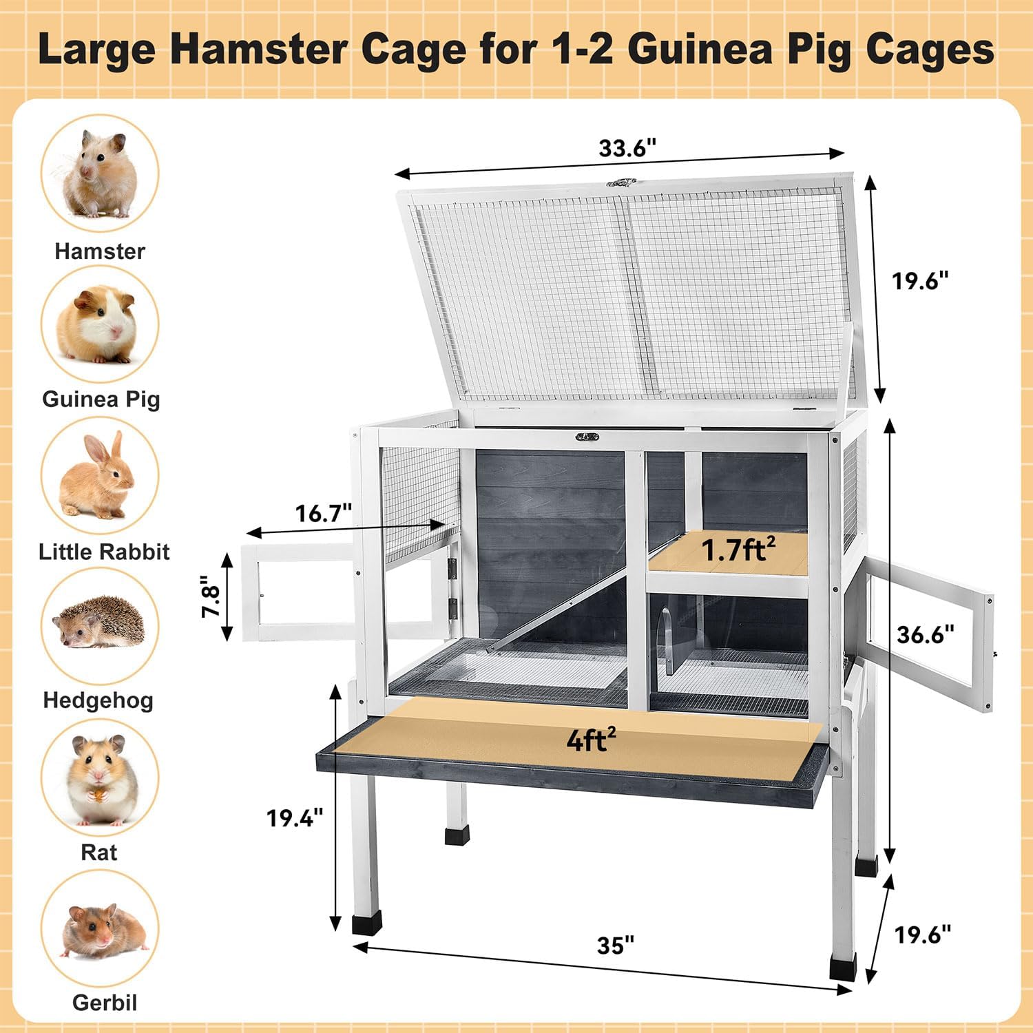 2-Story Guinea Pig Cage with Stand, Indoor Wooden Hamster Cage with Ramp, Pull-Out Tray, Hideout & Platform, Acrylic Transparent Small Animal Habitat for Chinchillas, Ferrets, Hedgehogs,Grey - Image 3