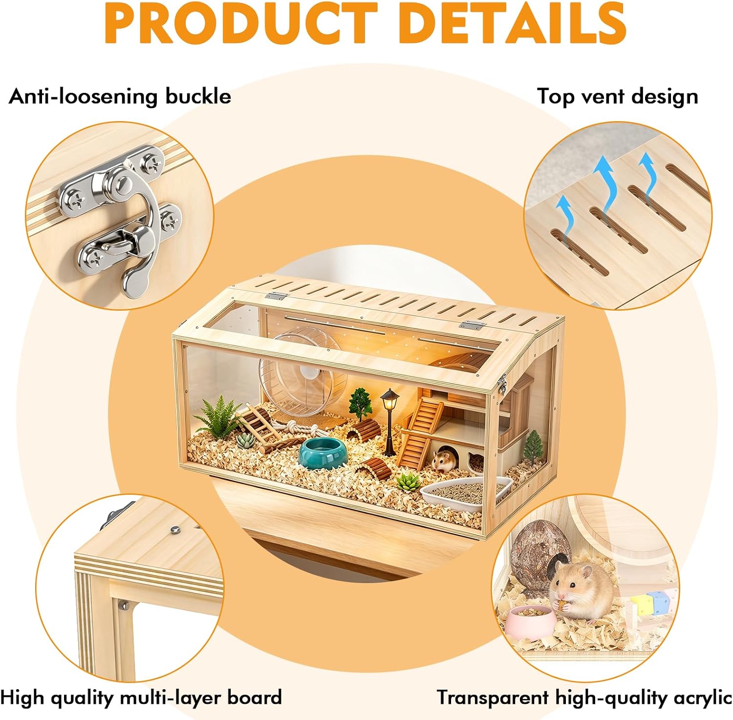 XiaZ Hamster Cage Chewproof,32Inch Large Hamster Cage with Panoramic View and Ventilated Top, Spacious Acrylic Glass Habitat for Syrian Dwarf Hamsters and Degus, Natural Wood Frame Enclosure - Image 5