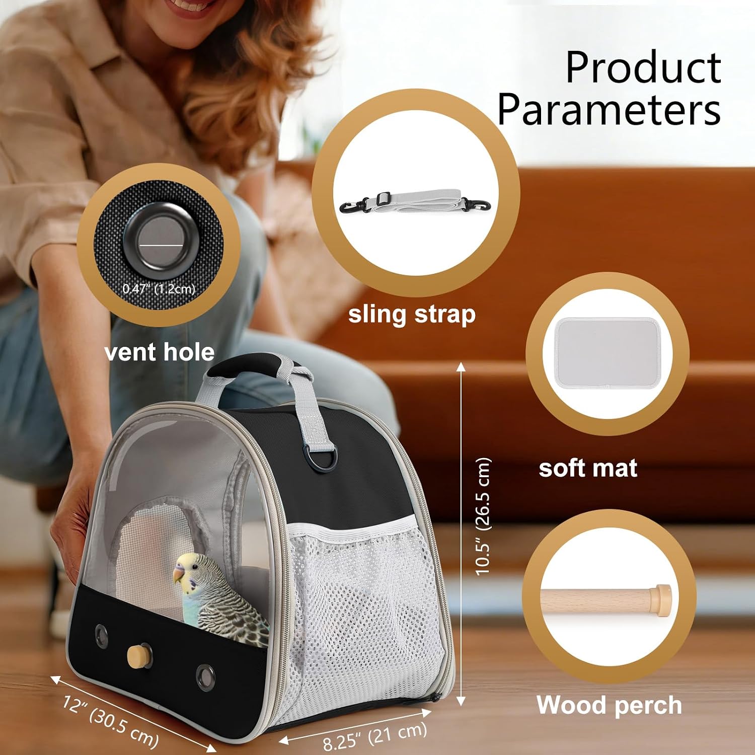 Bird Carrier, Portable Small Bird Parrot Parakeet Carrier with Standing Perch and Stainless Steel Tray, Side Access Window Collapsible (Black, Clear Windows) - Image 2