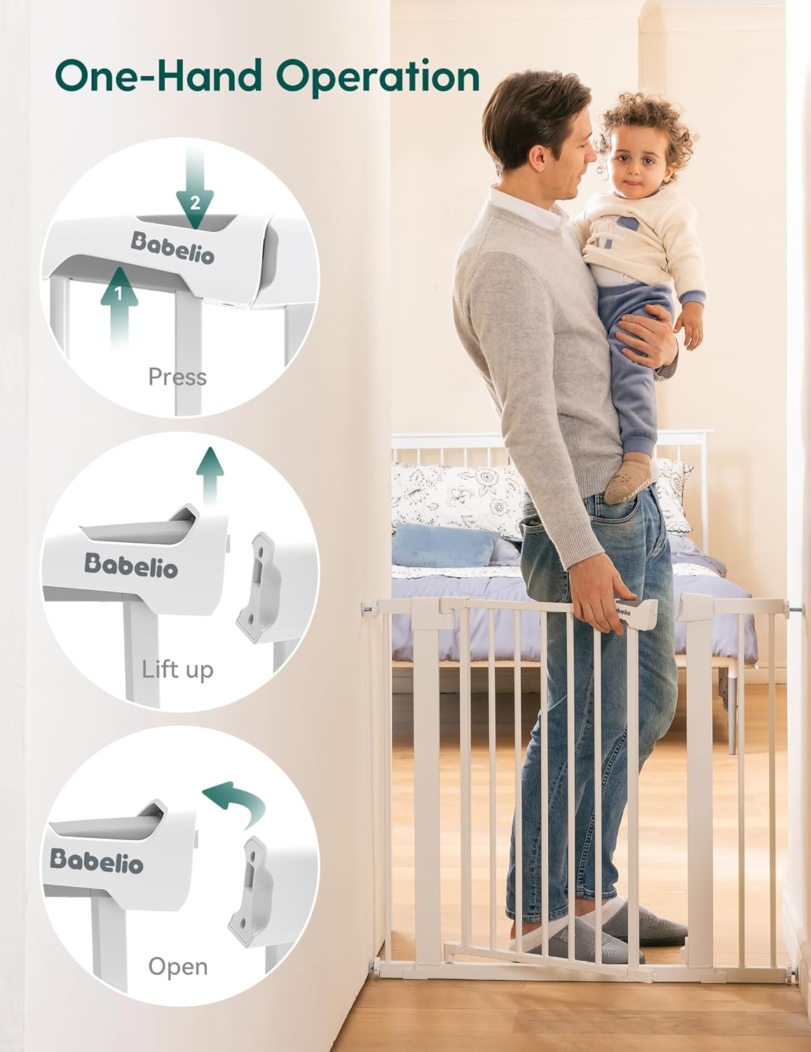 Babelio Metal Baby Gate, 29-48" Auto Close Easy Install Pet Gate, Extra Wide Walk Thru Child Safety Gate, Pressure Mounted Dog Gate for Doorways & Stairs, with Y Spindle Rods, White - Image 4