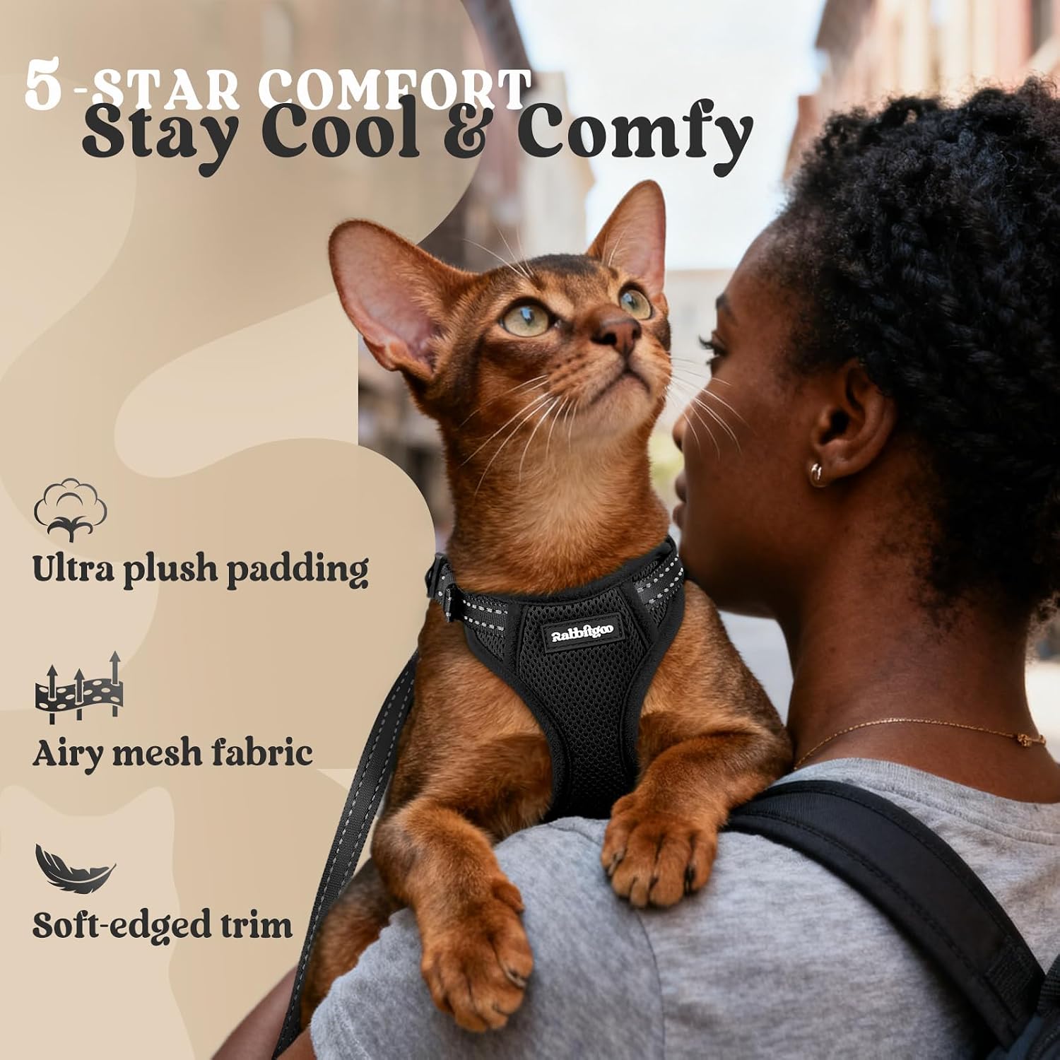 rabbitgoo Cat Harness and Leash, Easy-on with Neck Buckle, Black | Escape Proof, No Over-the-head, Soft Air Mesh, 3 Lockable Adjusters & Buckles, Reflective, for Medium to Large Cats Walks, M - Image 6