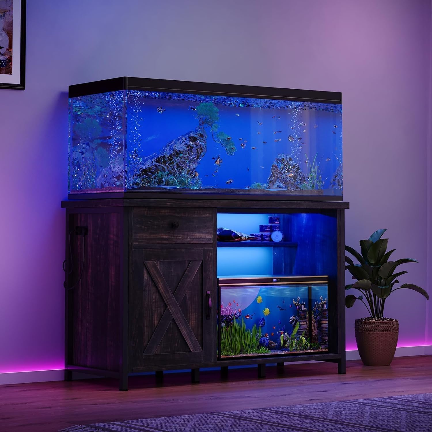 4ever2buy 55-75 Gallon Fish Tank Stand with Power Outlets, LED Light, Heavy Duty Aquarium Stand with Cabinet for Fish Tank Accessories Storage, for Turtle Tank, Reptile Terrarium, 1100LBS, Oak - Image 3
