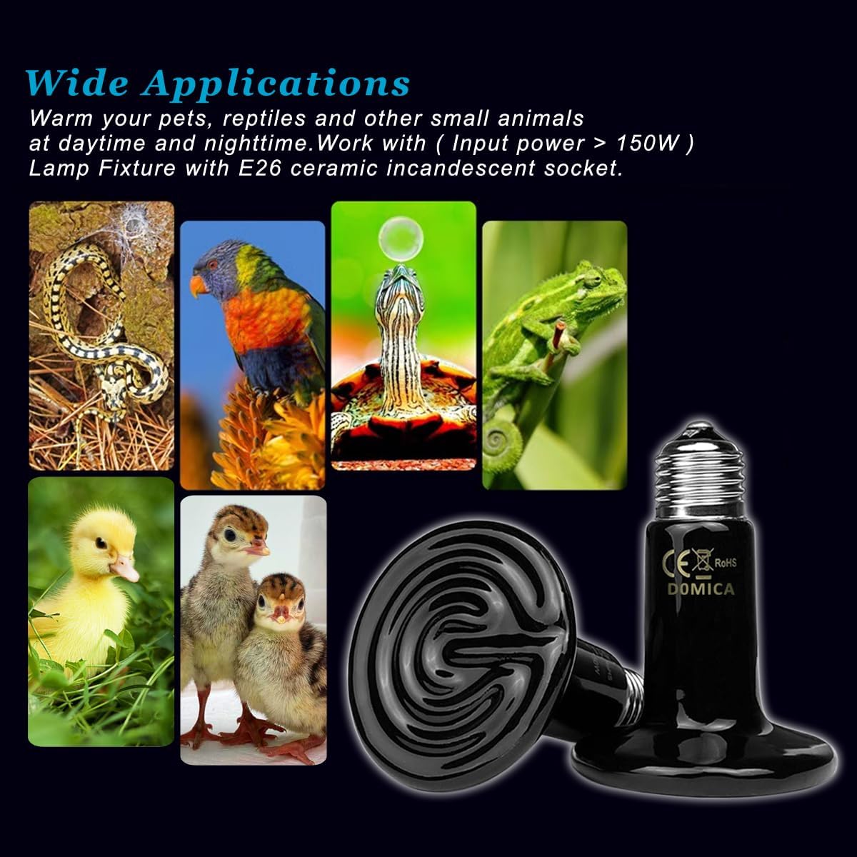 DOMICA 150W 2 Pack Reptile Heat Bulb, Beared Dragon Ceramic Heat Emitter, E26 No Light Night Use Heater Bulbs for Turtle, Lizard, Snake, Amphibians, Pet Brooder Coop Chicken (150W-Large Tank) - Image 6