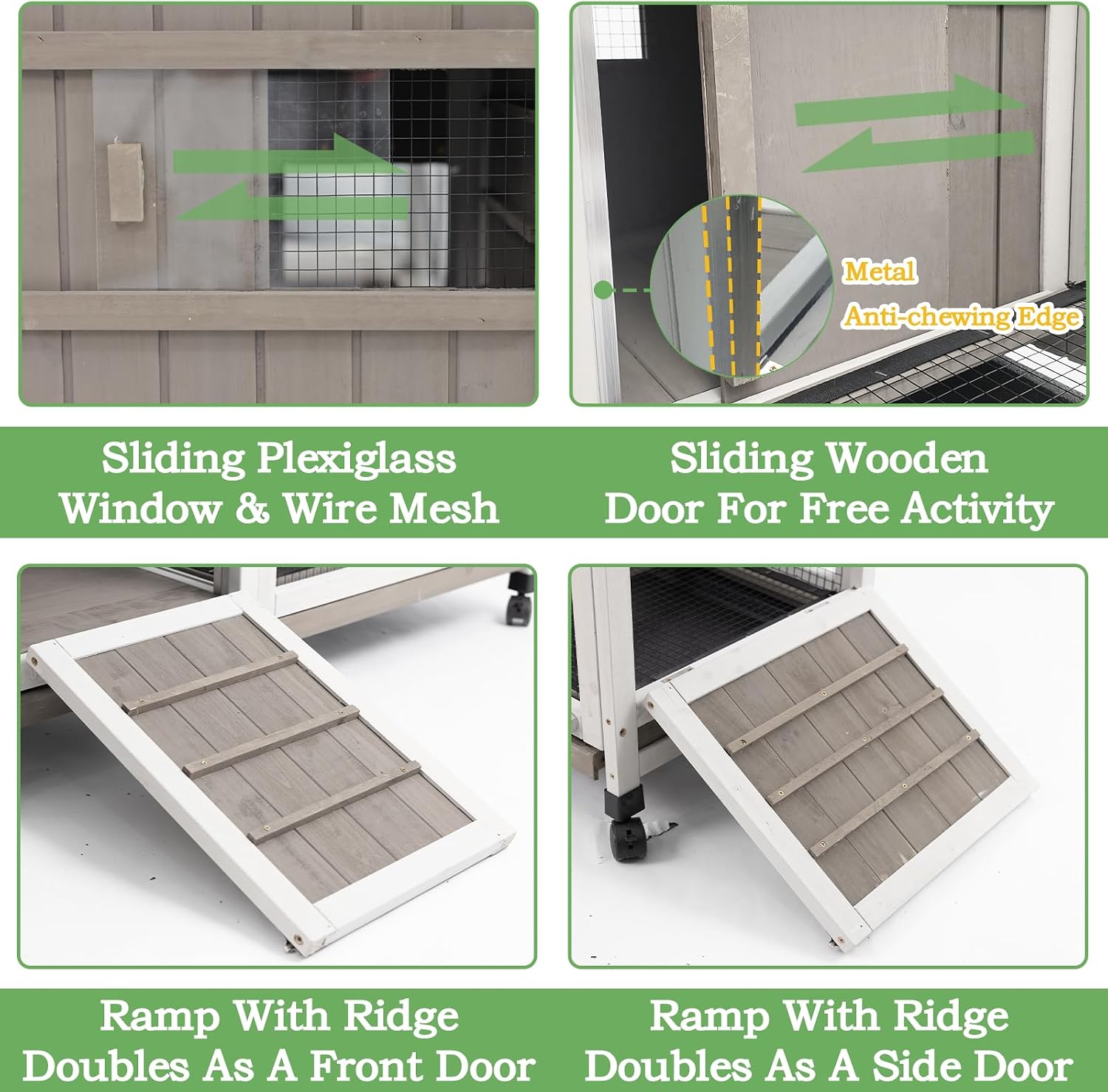 Gowoodhut 38.19"L Rabbit Hutch Indoor and Outdoor with 4 Wheels,Wooden Rabbit Cage with Pull Out Leak-Proof Tray for 1-2 Rabbits,Bunny Hutch with Asphalt Roof Suitable for Garden,Park,Living Room,Grey - Image 4
