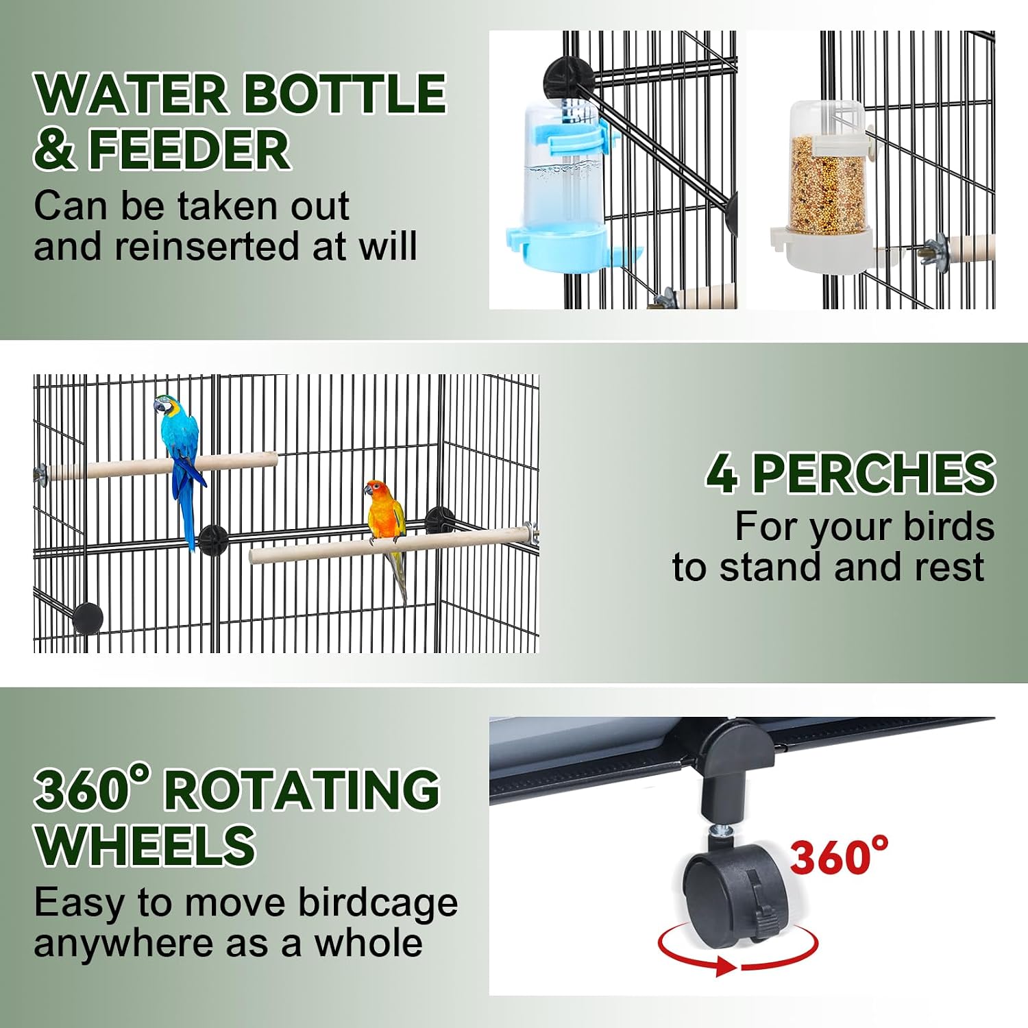 VISCOO Upgraded Encrypted 46-Inch Bird Cage, with Wooden Perches, Metal Parakeet Cage with Slide-Out Tray, Water Bottle&Feeder, Bird Cages for Parrot,Parakeets,Cockatiel,Lovebird,Small Mid-Sized Birds - Image 4