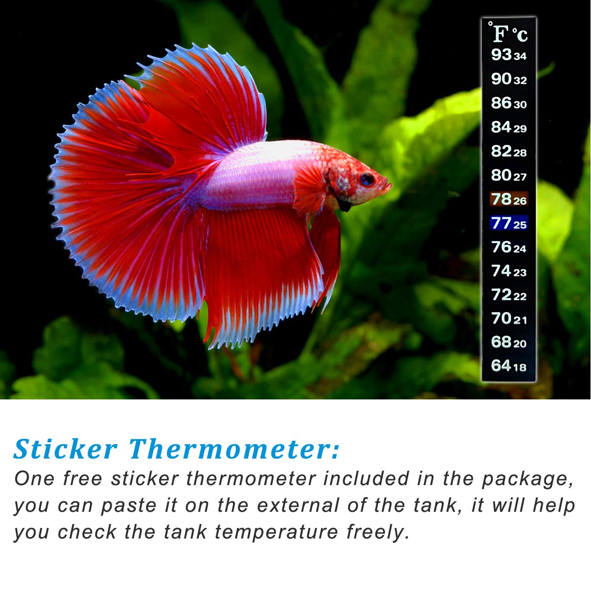 PULACO 25Watt Mini Aquarium Submersible Betta Heater with Free Thermometer Strip for 1-6 Gallon Fish Tanks (Preset Temperature 78℉) - Image 5