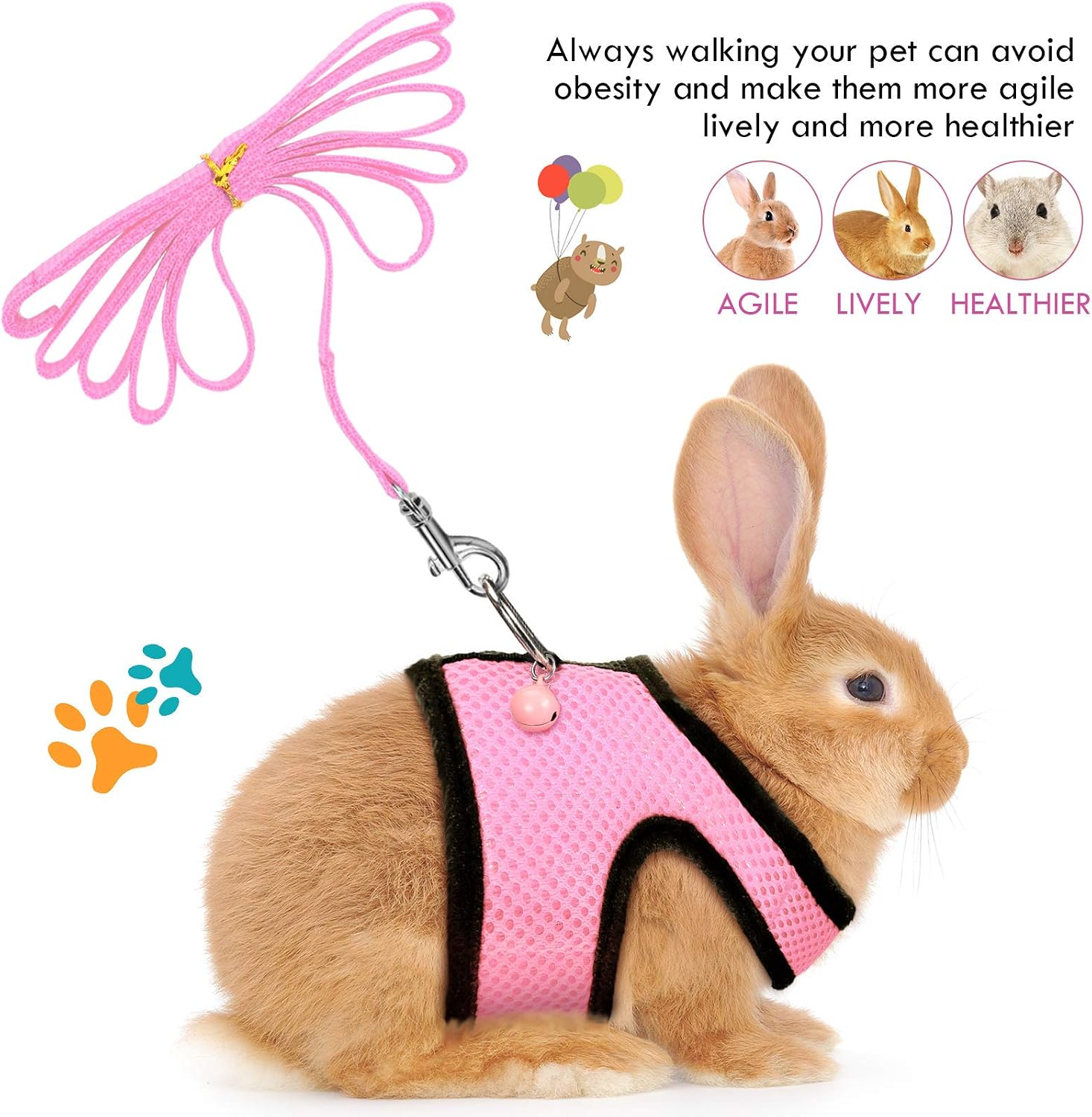 SATINIOR 2 Sets Guinea Pig Harness and Leash Adjustable Soft Mesh Harness Bell No Pulling Comfort Vest for Baby Ferret Rats Hamster Bunny Rabbit Chinchilla and Small Pet(Blue, Pink,XS) - Image 5