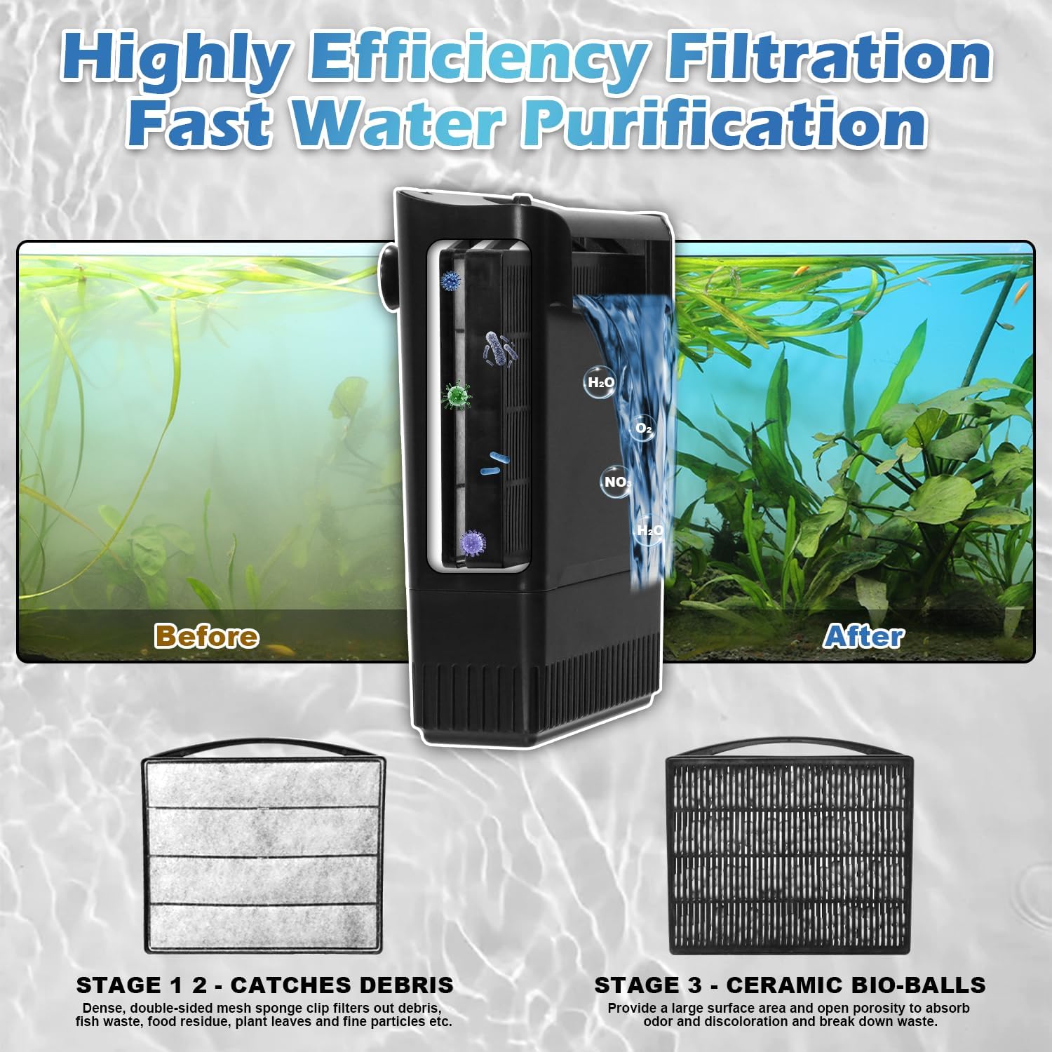 Turtle Tank Filter Aquarium Filter Power Adjustable 20-75 Gal. 290GPH Large Internal Filter 3-Stage Waterfall Bio-Filtration Low Water Level for Freshwater Saltwater Fish Tank Reptile Shrimp Frog - Image 7