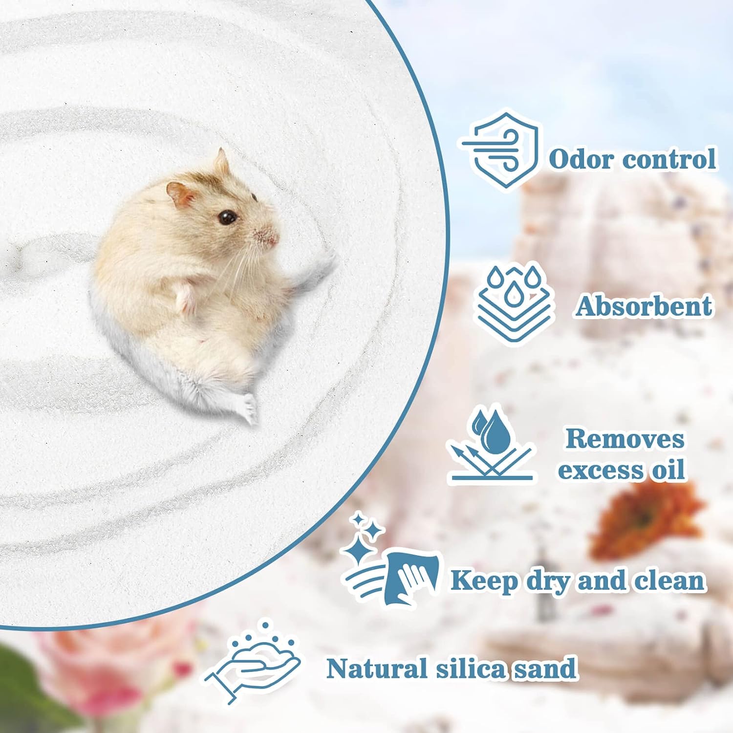 Sukh 47OZ Hamster Sand Bath - White Fine Silica Sand, Hamster Soft Cleaning | Sand Bath for Hamster, Guinea Pig, Rabbit, Chinchilla, Gerbil, Syrian Mice, Squirrel, Small Pet Cage Bedding Accessories - Image 4