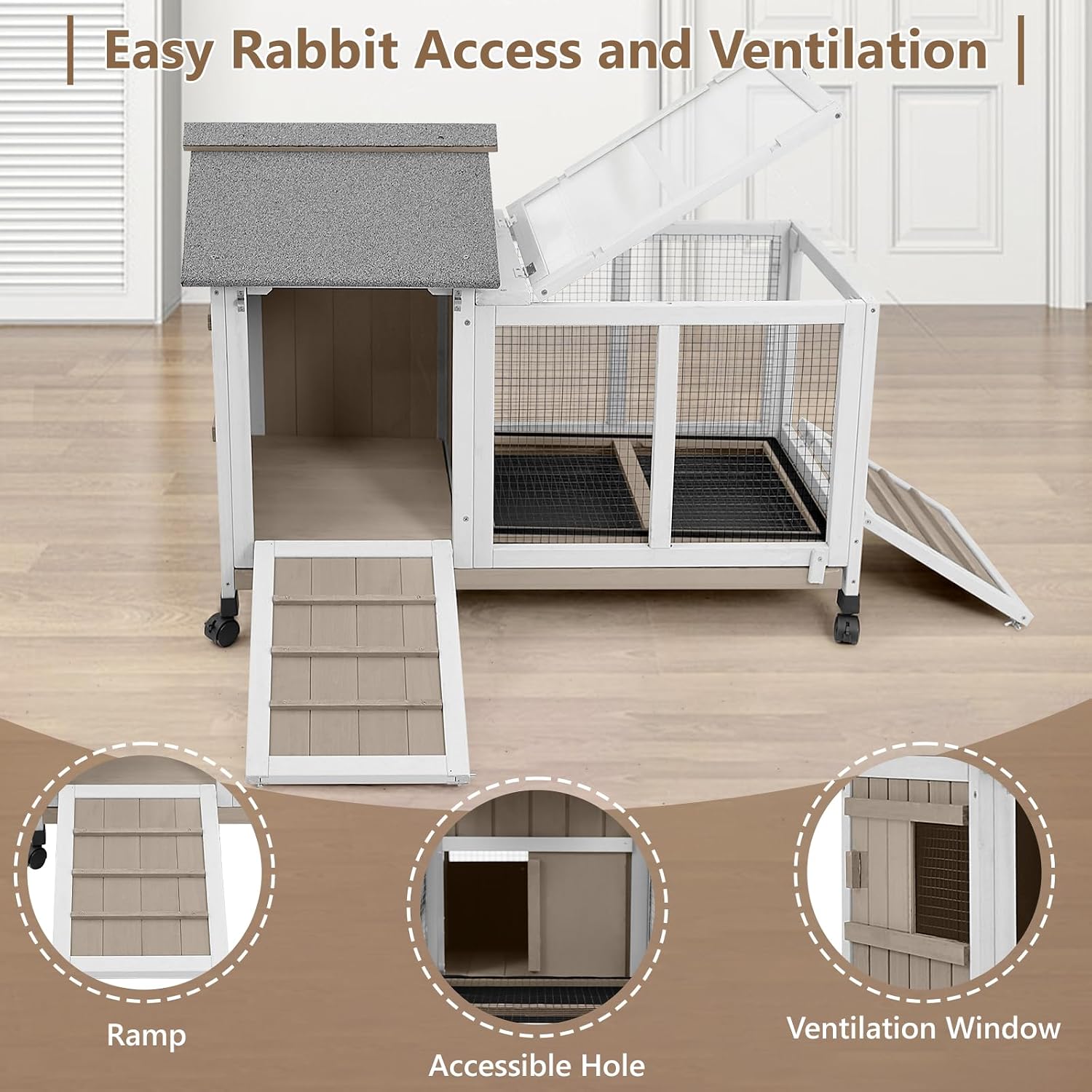 38''L Rabbit Hutch Outdoor with Wheels, Wooden Expandable 2 Story Bunny House Rabbit Cage Indoor with Run, Pull Out Tray, Waterproof Roof, Guinea Pig Cage Chicken Coop for Small to Medium Pets - Image 5