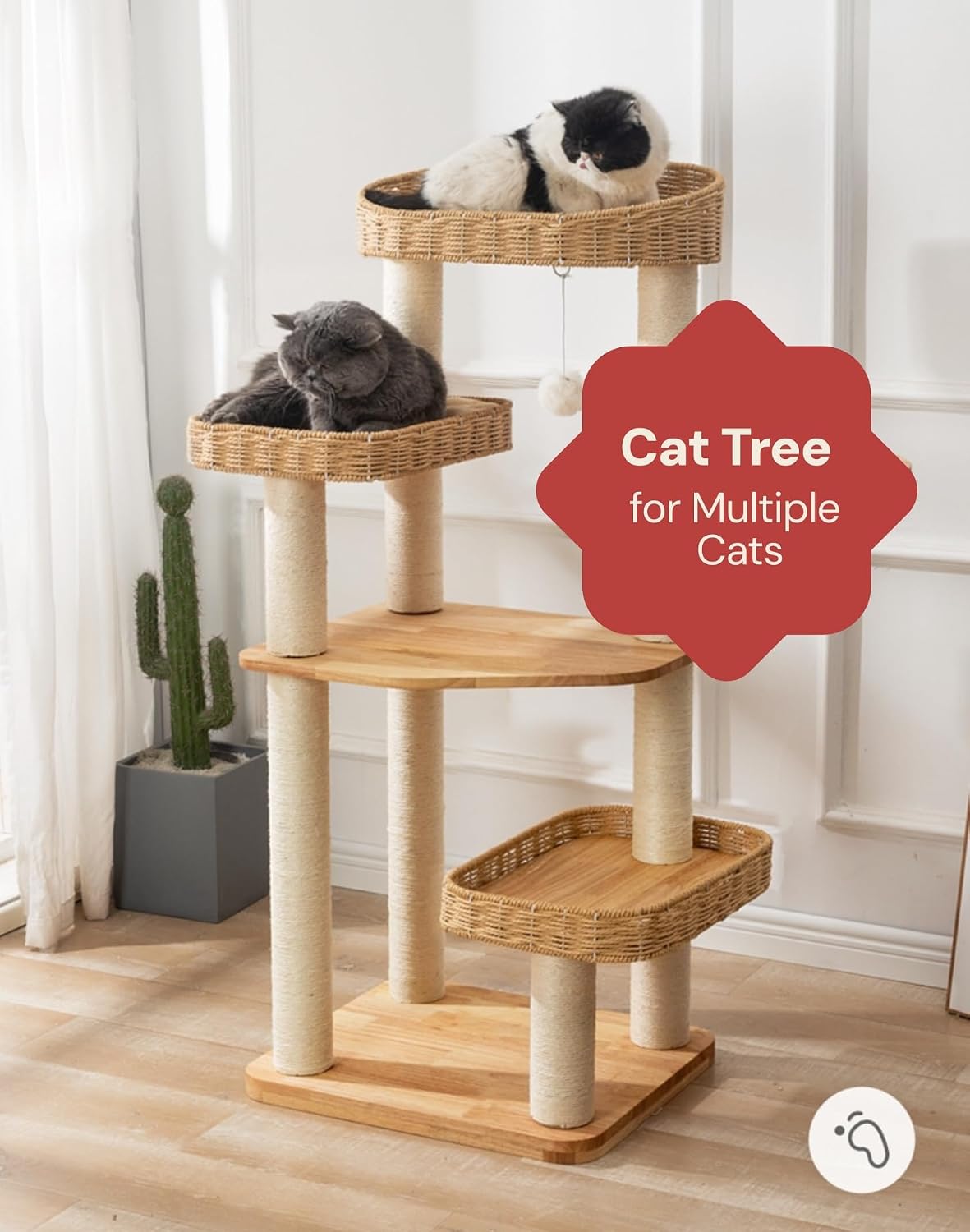SHENGOCASE Modern Natural Wood Wooden Cat Tree Tower, 3 Large Rattan Wicker Basket Perch Beds with Cozy Cushion Sisal Scratching Post, Window View Design, for Cats up to 20 lbs - Image 4