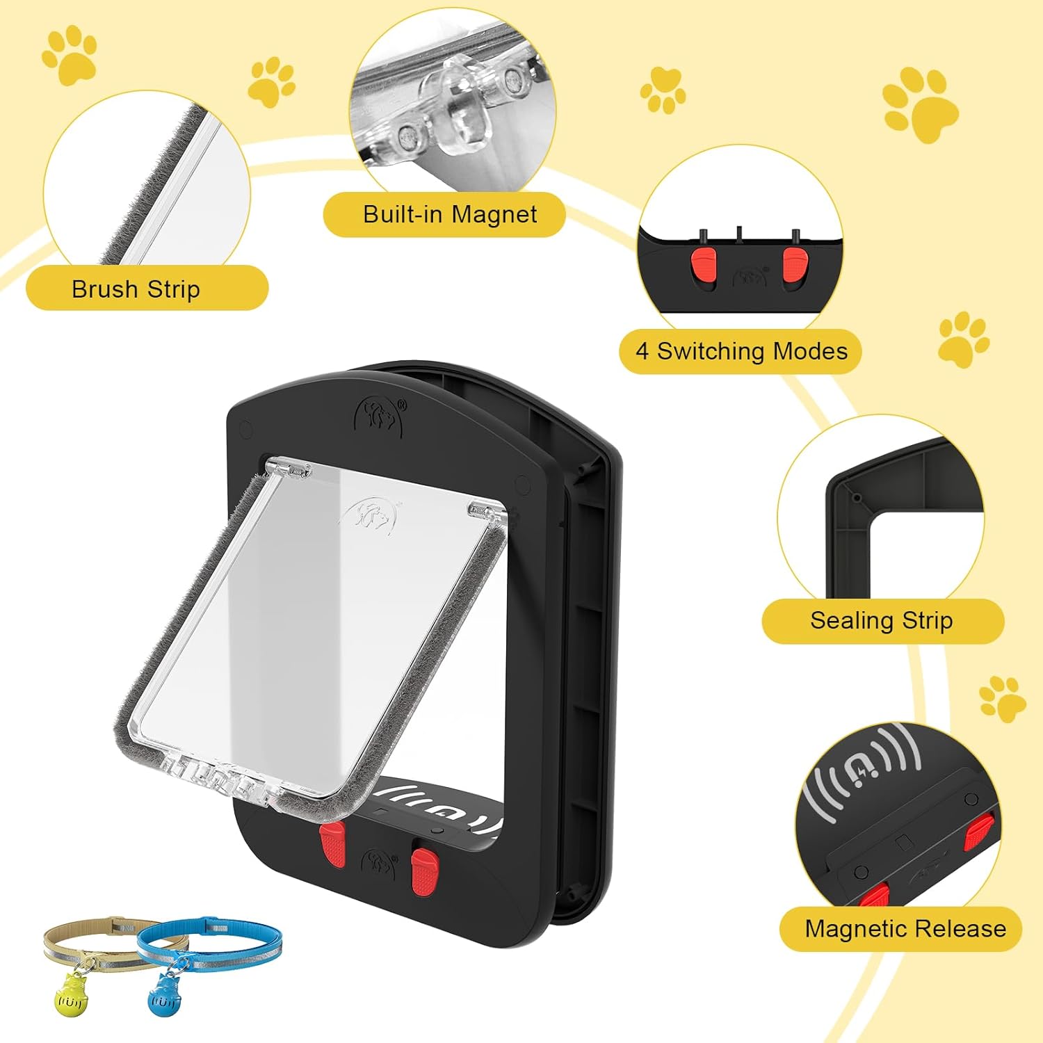 Cat Door for Interior Door and Exterior Door, Pet Door with Collar Sensor and 2pcs of Cat Magnetic Collars, 4 Way Locking Cat Door with Magnetic Flap, Black - Image 2