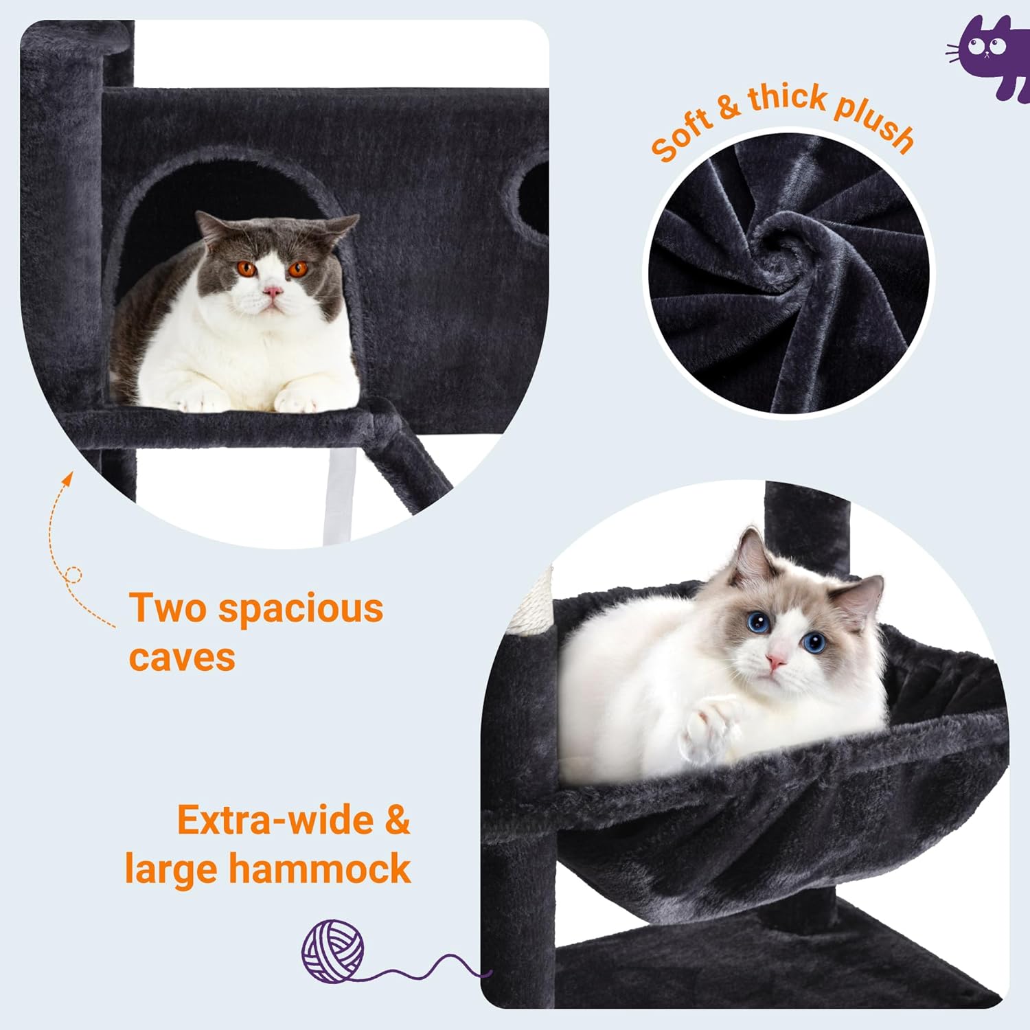 Allewie 81 Inches Tall Cat Tree/Multi-Level Large Climbing Tree House and Towers for Big Feline/Condo and Hammock/Scratching Post/Wide Base/Dark Grey - Image 6