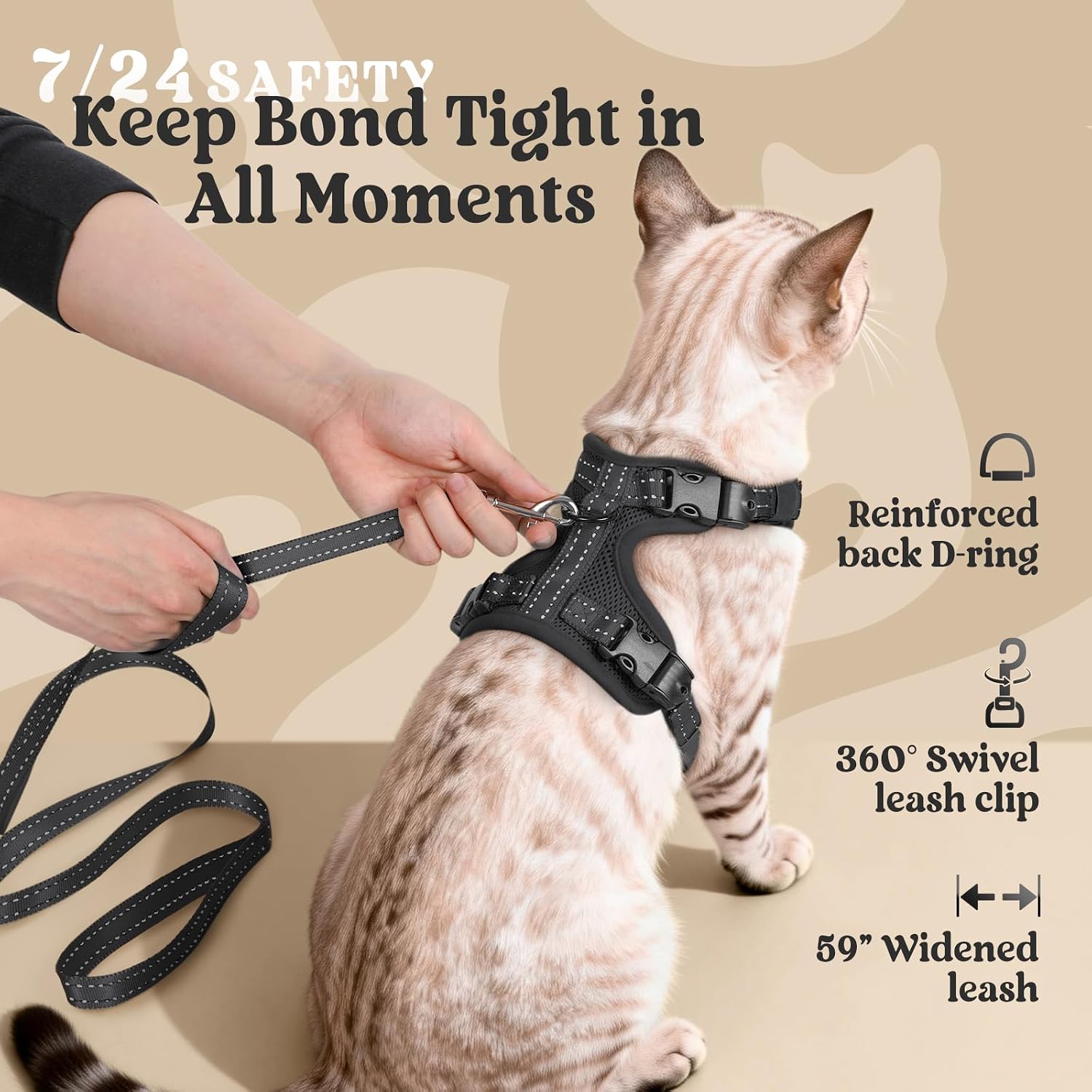 rabbitgoo Cat Harness and Leash, Easy-on with Neck Buckle, Black | Escape Proof, No Over-the-head, Soft Air Mesh, 3 Lockable Adjusters & Buckles, Reflective, for Medium to Large Cats Walks, M - Image 9