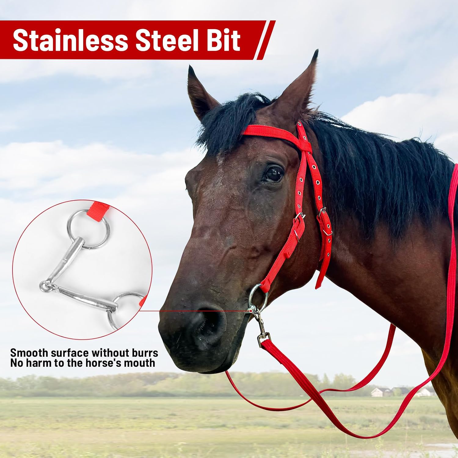 Adjustable Horse Bridle with Stainless Steel Bit, Black Nylon Headstall with Reins, Non-Slip Design - Image 4