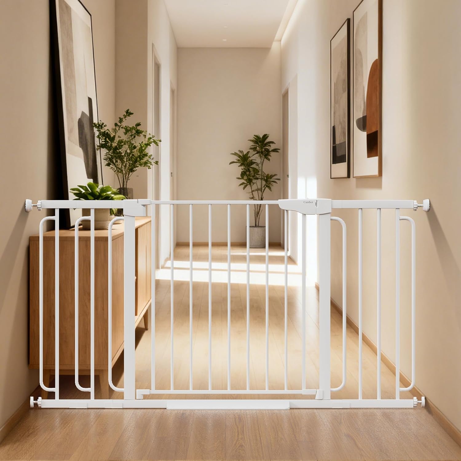 Cumbor 36.6-59" Extra Wide Baby Gate for Stairs, Pressure Mounted Dog Gate for Doorways, Auto-Close Easy Walk Through Safety Child Gate for Kids Toddler, Tall Pet Gates Indoor, White