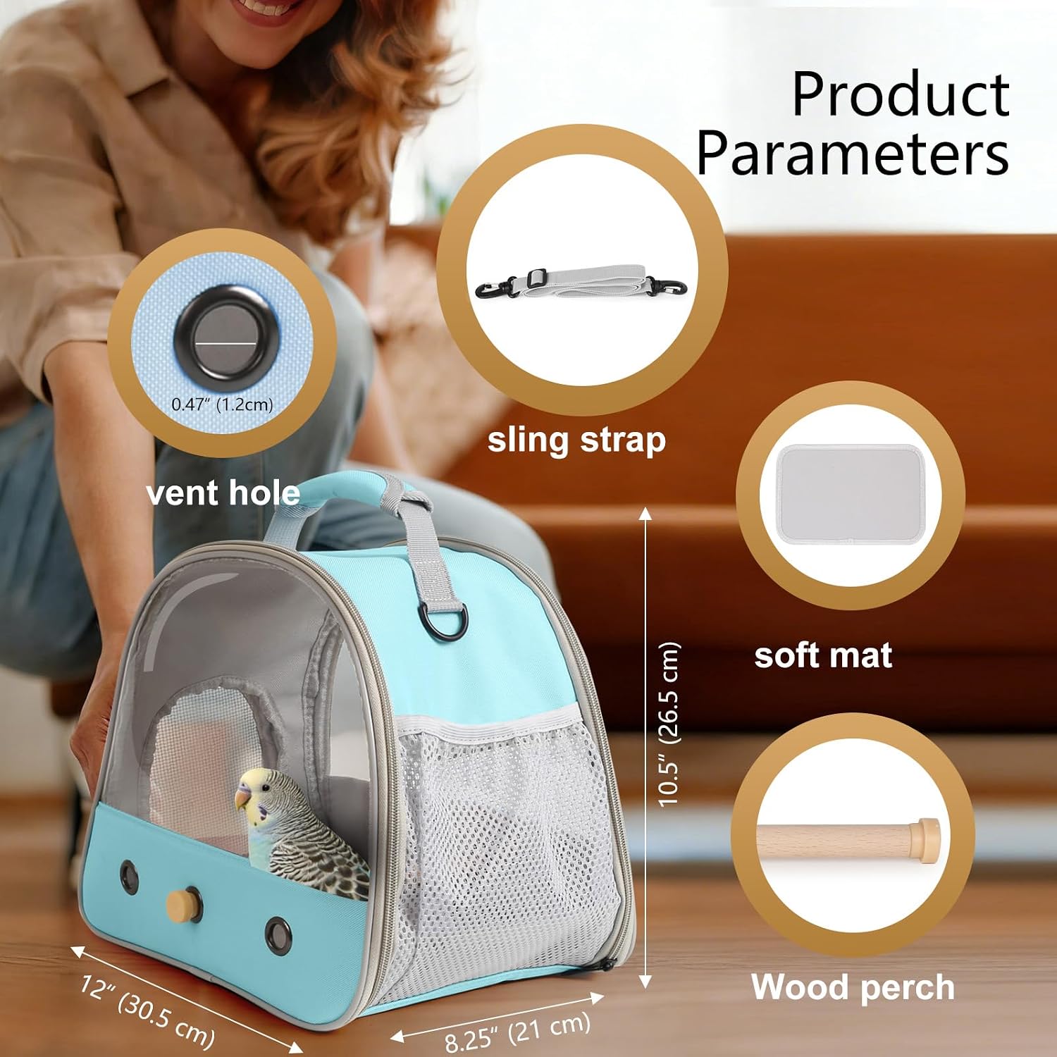 Bird Carrier, Portable Small Bird Parrot Parakeet Carrier with Standing Perch and Stainless Steel Tray, Side Access Window Collapsible (Green, Clear Windows) - Image 2