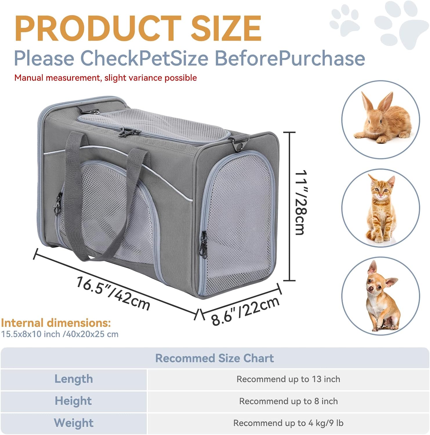 Petsfit Airline Approved Pet Carrier for Small Cats, 16.5x8.6x11 TSA Approved Carrier, with Removable Dual-Sided Padding (2-Way Placement) - Fits Under Most Airplane Seats, Escape Proof (Grey) - Image 2