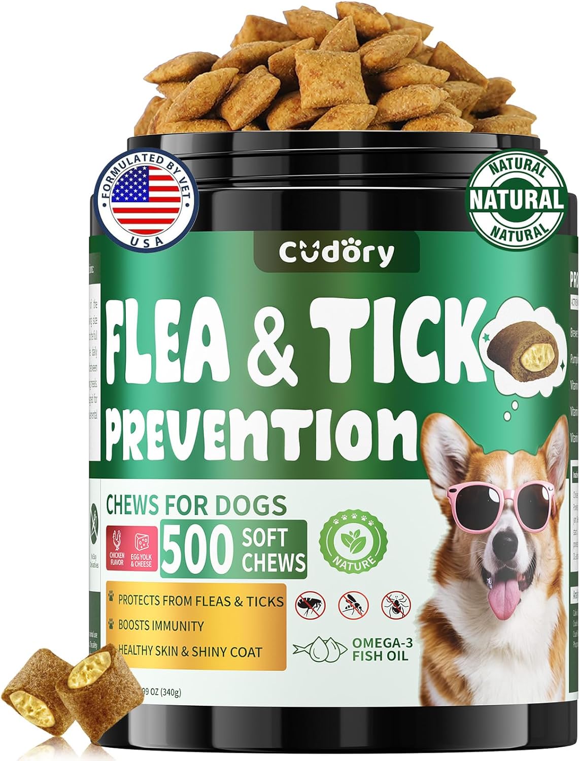 Flea and Tick Prevention for Dogs Chews- 500 Crunchy & Creamy Chews, Dogs Flea Chewables with Skin & Coat Support - Oral Supplement for All Breeds & Ages - Chicken & Cheese Flavor